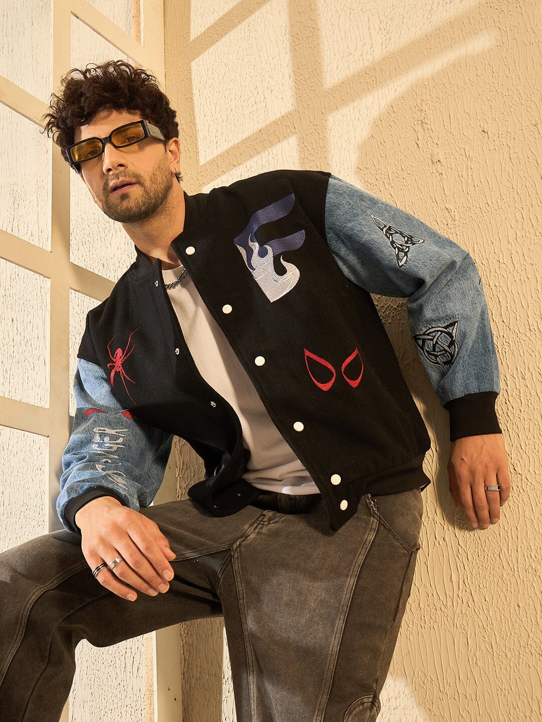 Fugazee Black Woollen Tattooed Jacket With Denim Sleeves