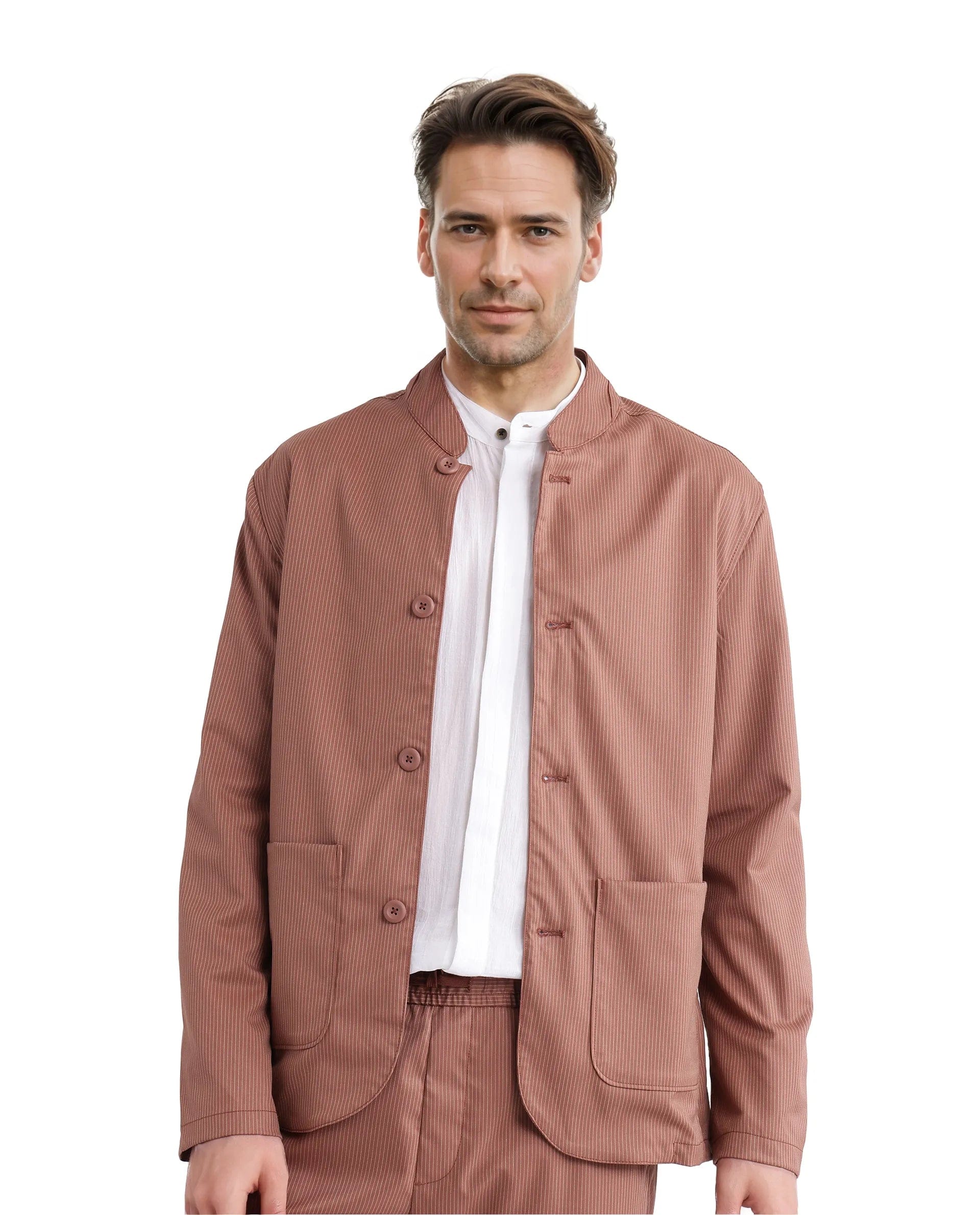 RARE Rabbit Men's Glewt Rust Striped Print Regular Fit Full Sleeve Spread Collar Jacket