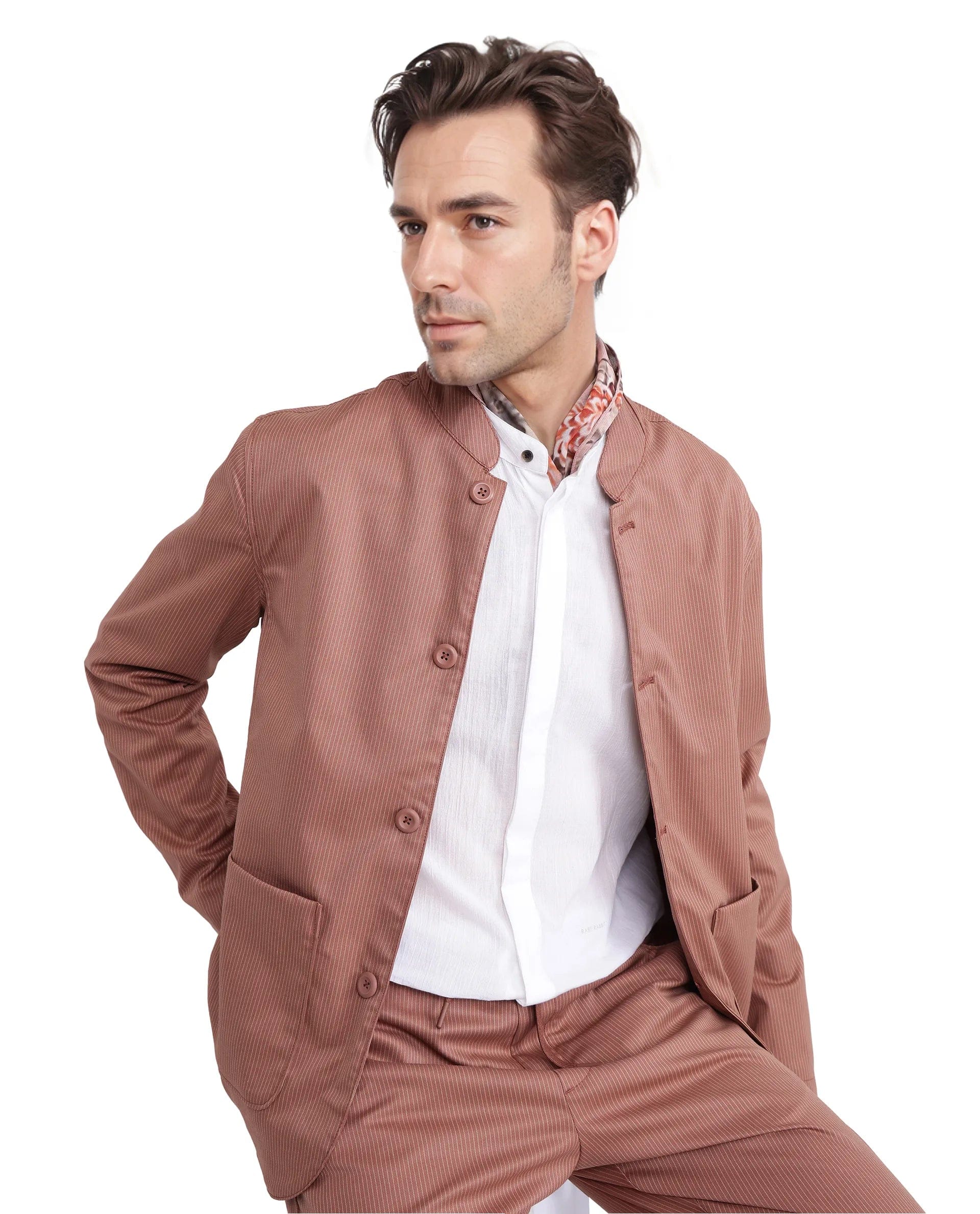 RARE Rabbit Men's Glewt Rust Striped Print Regular Fit Full Sleeve Spread Collar Jacket