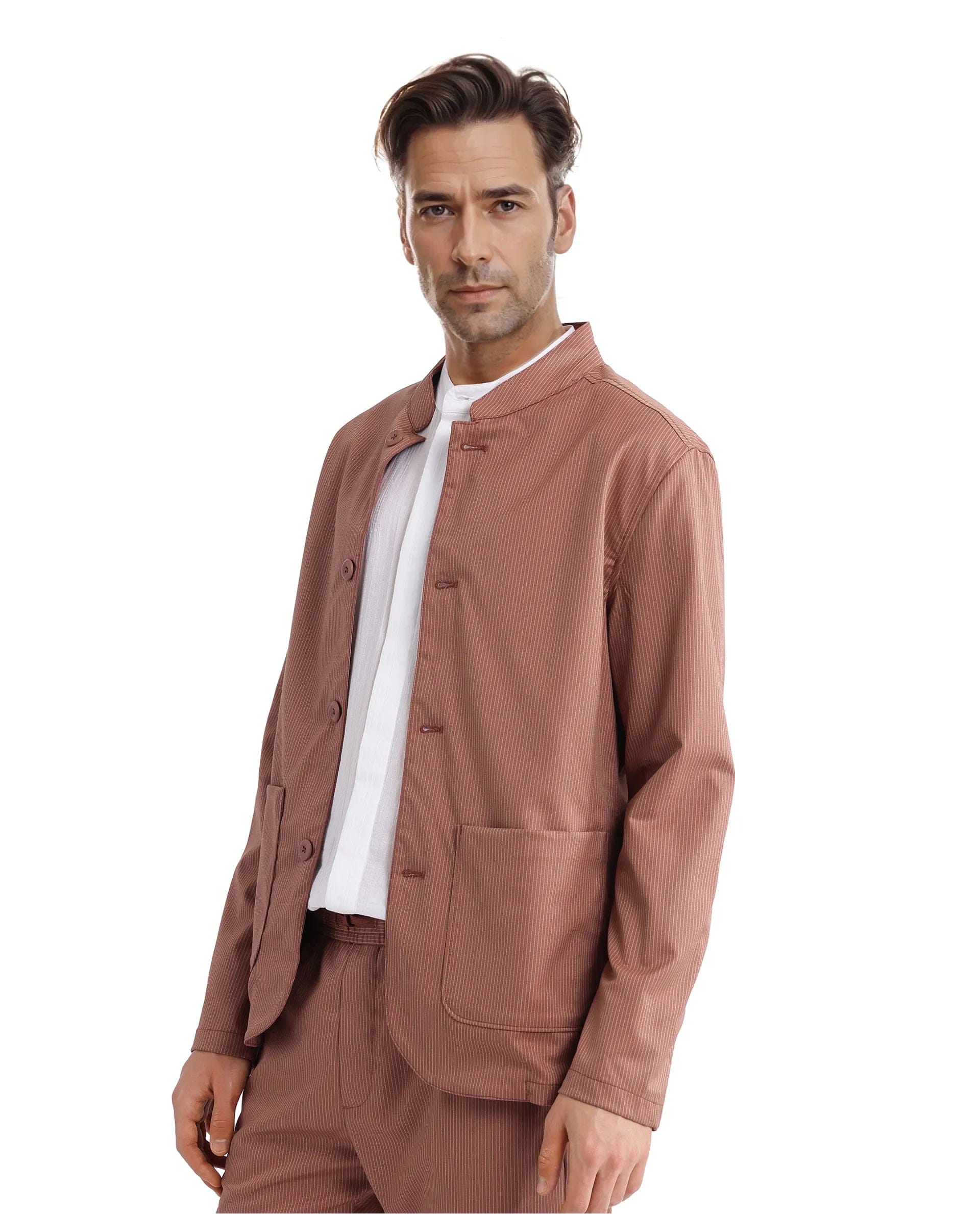 RARE Rabbit Men's Glewt Rust Striped Print Regular Fit Full Sleeve Spread Collar Jacket