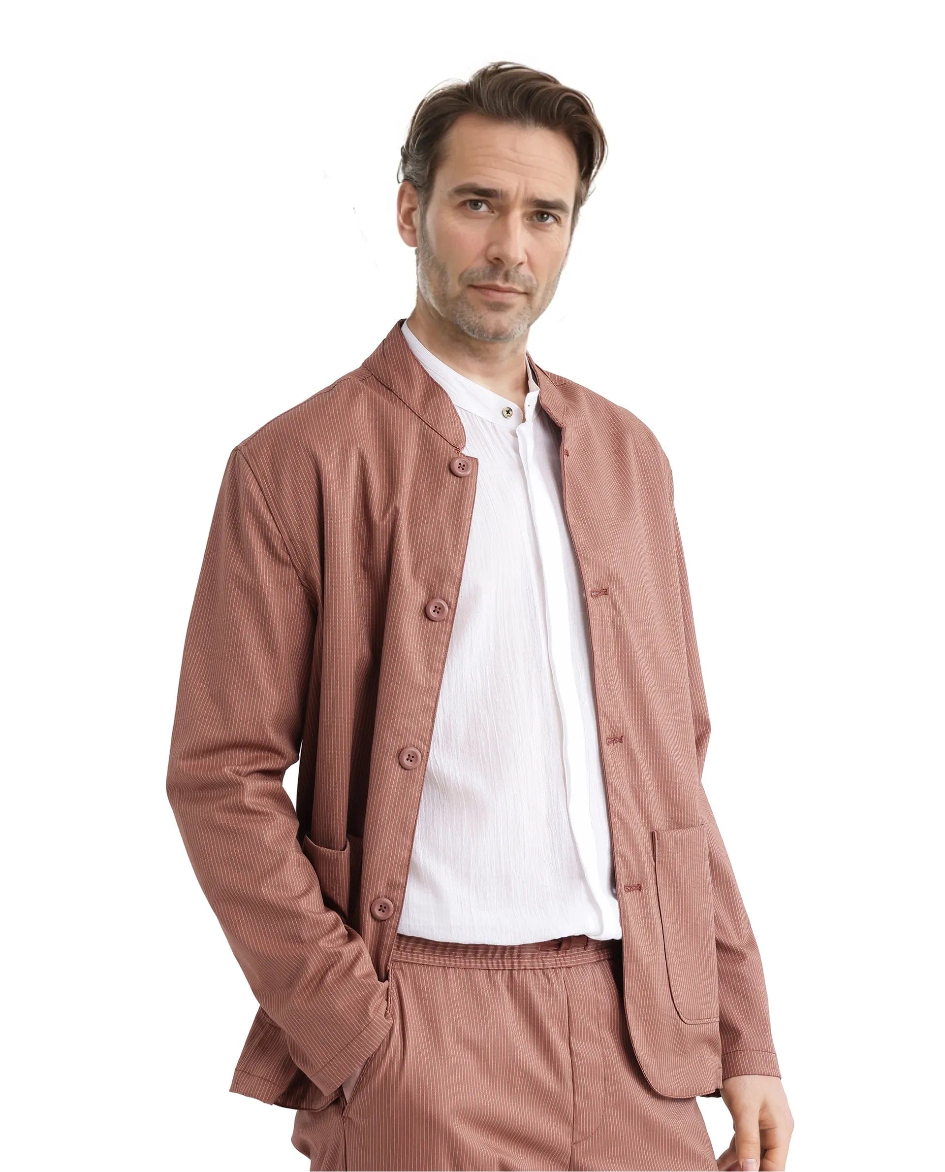 RARE Rabbit Men's Glewt Rust Striped Print Regular Fit Full Sleeve Spread Collar Jacket