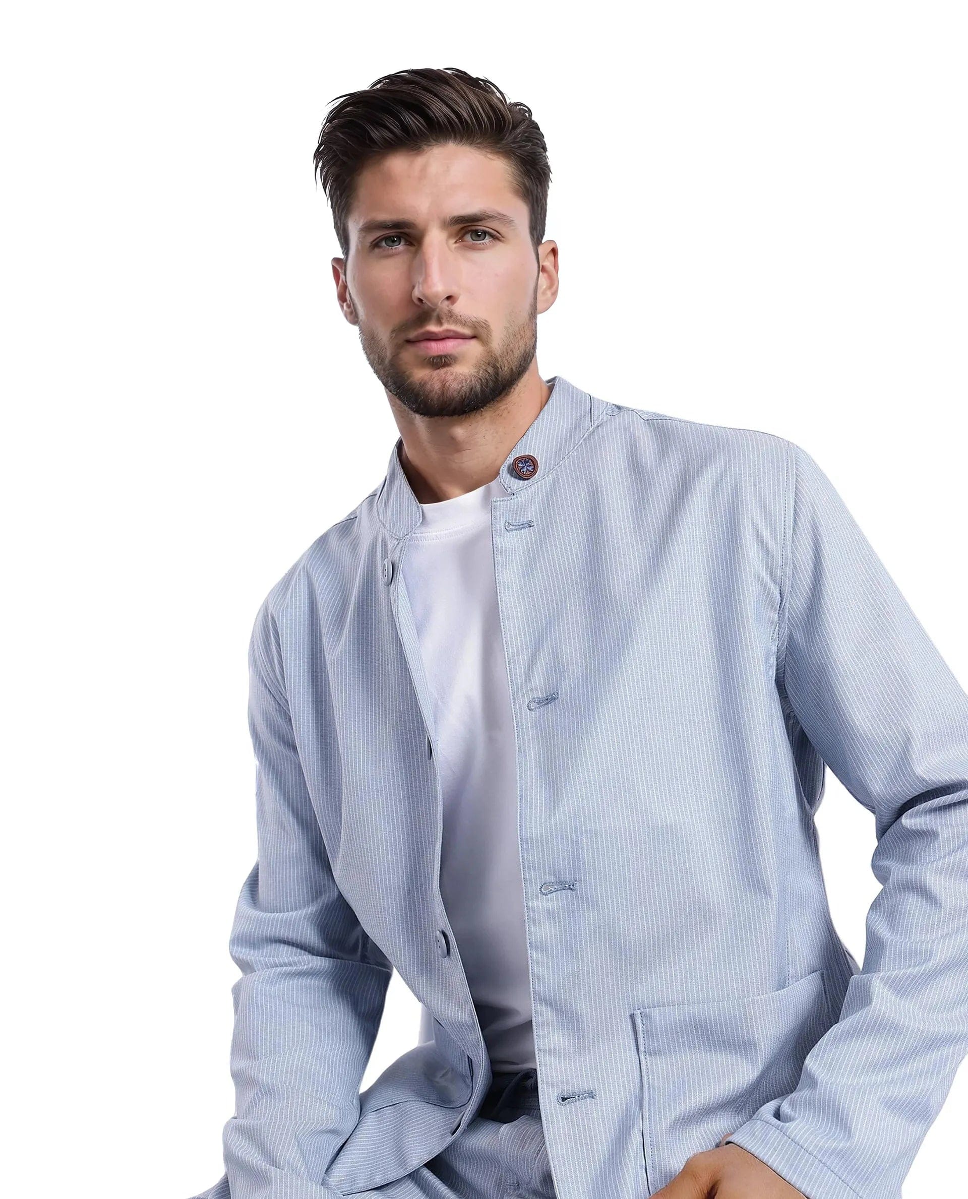 RARE Rabbit Men's Glewt Pastel Blue Striped Print Regular Fit Full Sleeve Spread Collar Jacket