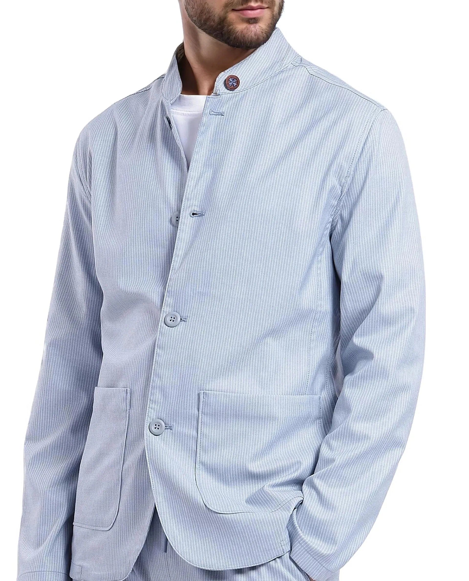 RARE Rabbit Men's Glewt Pastel Blue Striped Print Regular Fit Full Sleeve Spread Collar Jacket