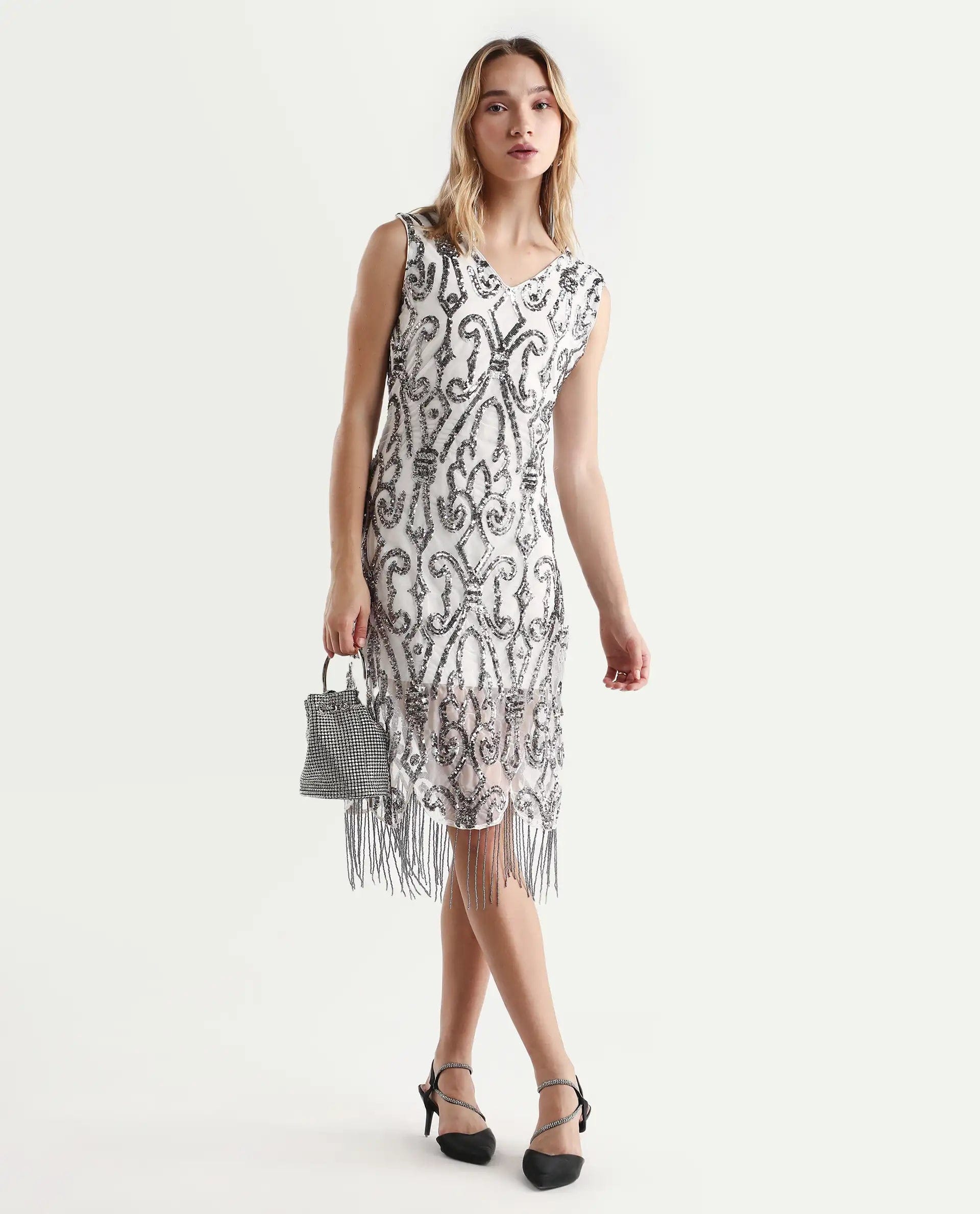 Rareism Women's Aztex Metallic Grey V - Neck Plain Shoulder Strap Mini Bodycon Dress