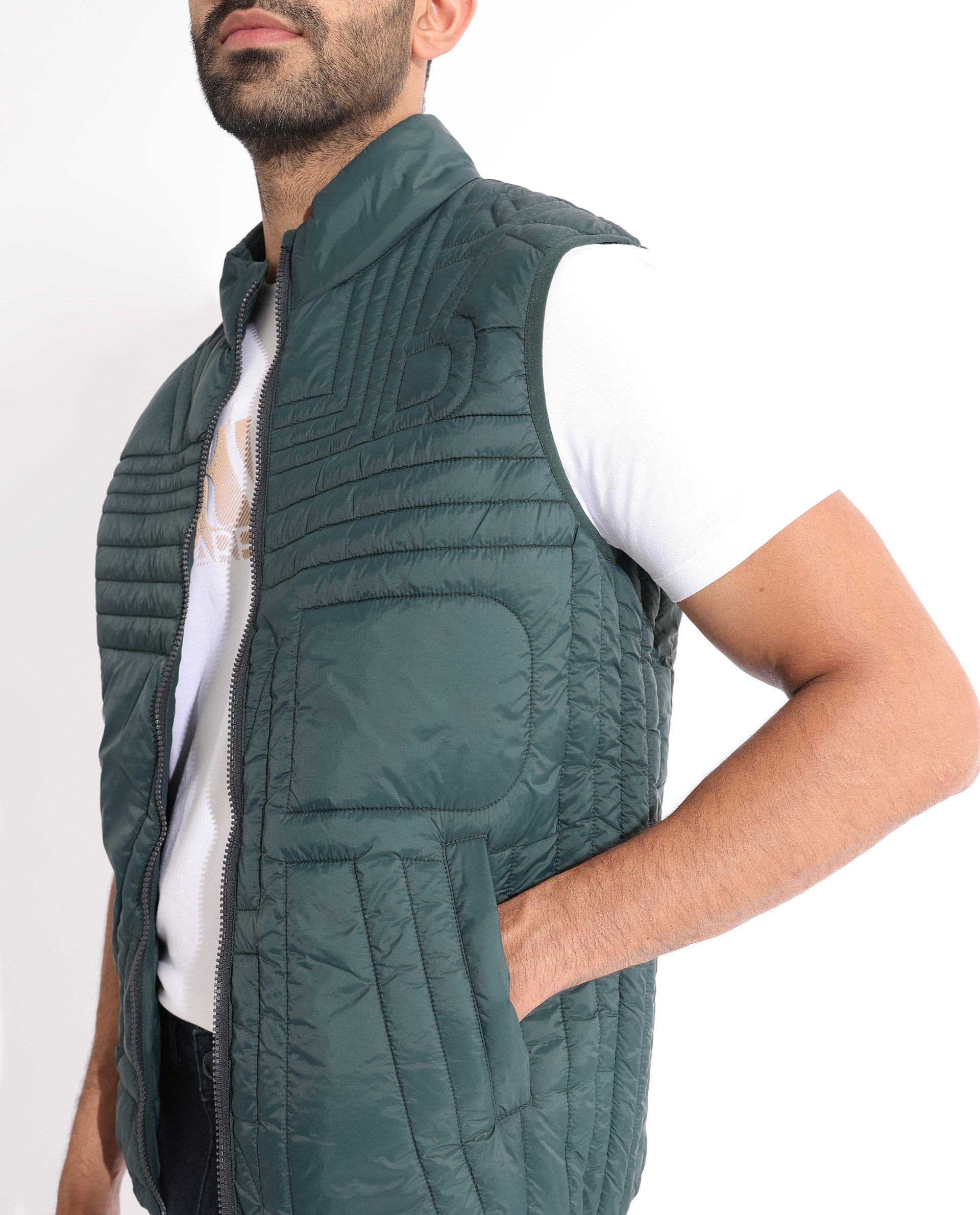 RARE Rabbit Men's Queltex Dark Petrol Nylon Plain Regular Fit Sleeveless High Neck Jacket