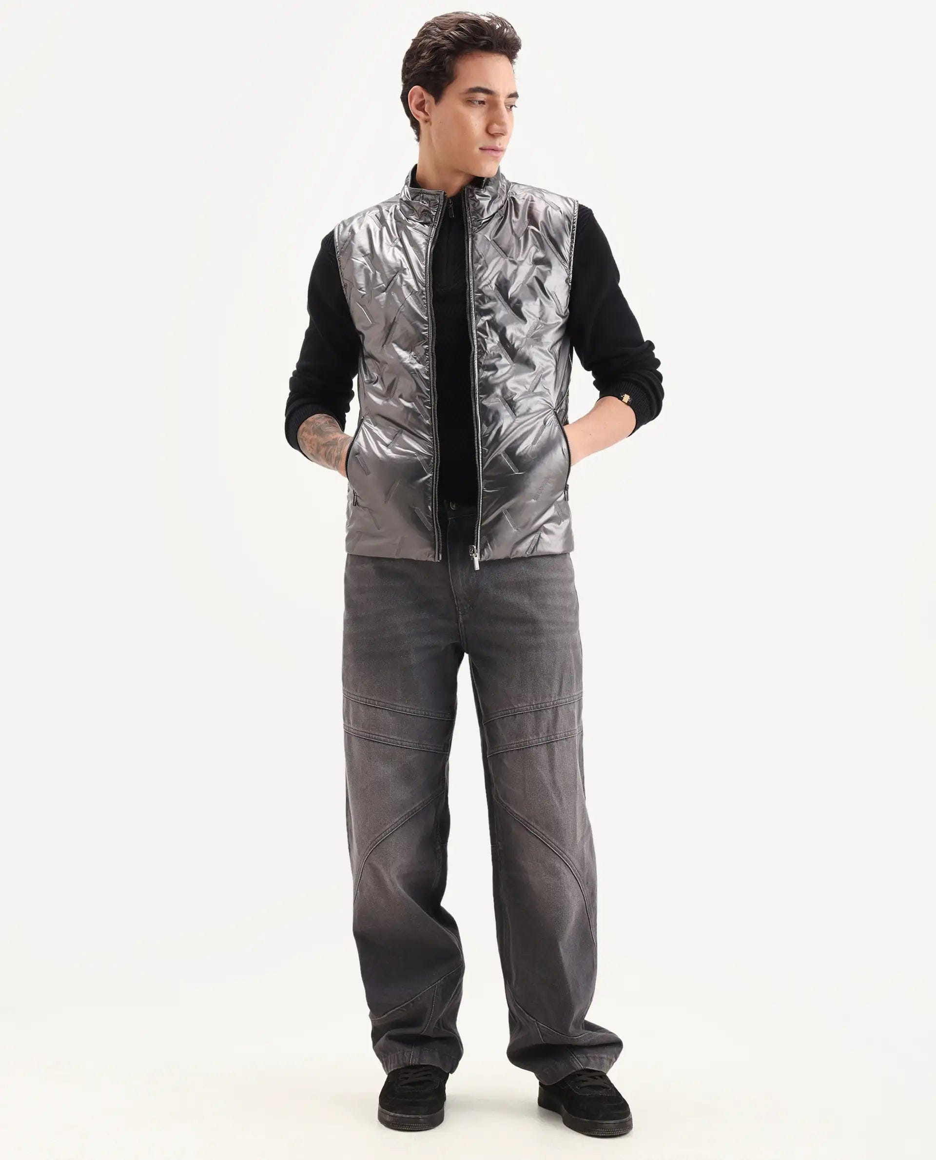 RARE Rabbit Men's Linda Metalic Silver Polyester Plain Regular Fit Sleeveless High Neck Jacket