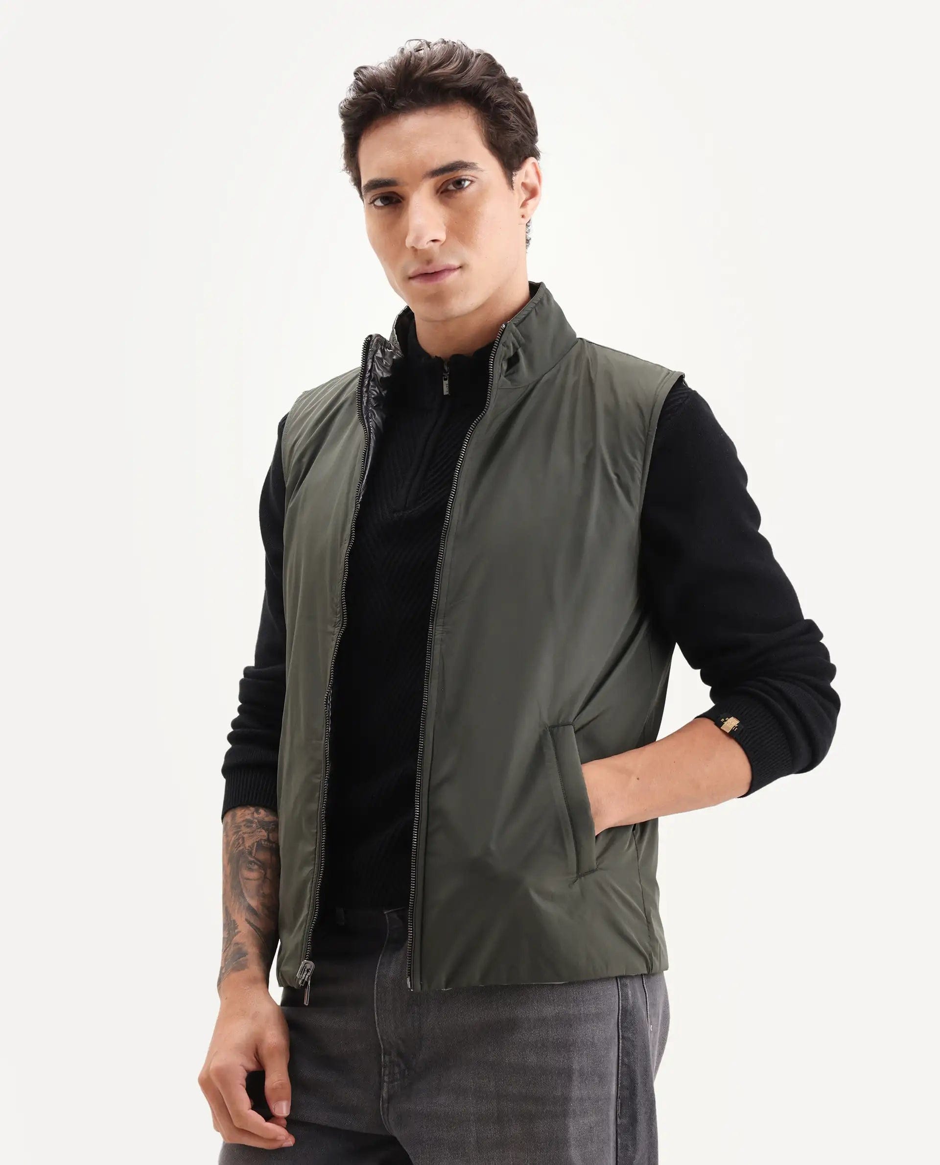 RARE Rabbit Men's Linda Metalic Silver Polyester Plain Regular Fit Sleeveless High Neck Jacket