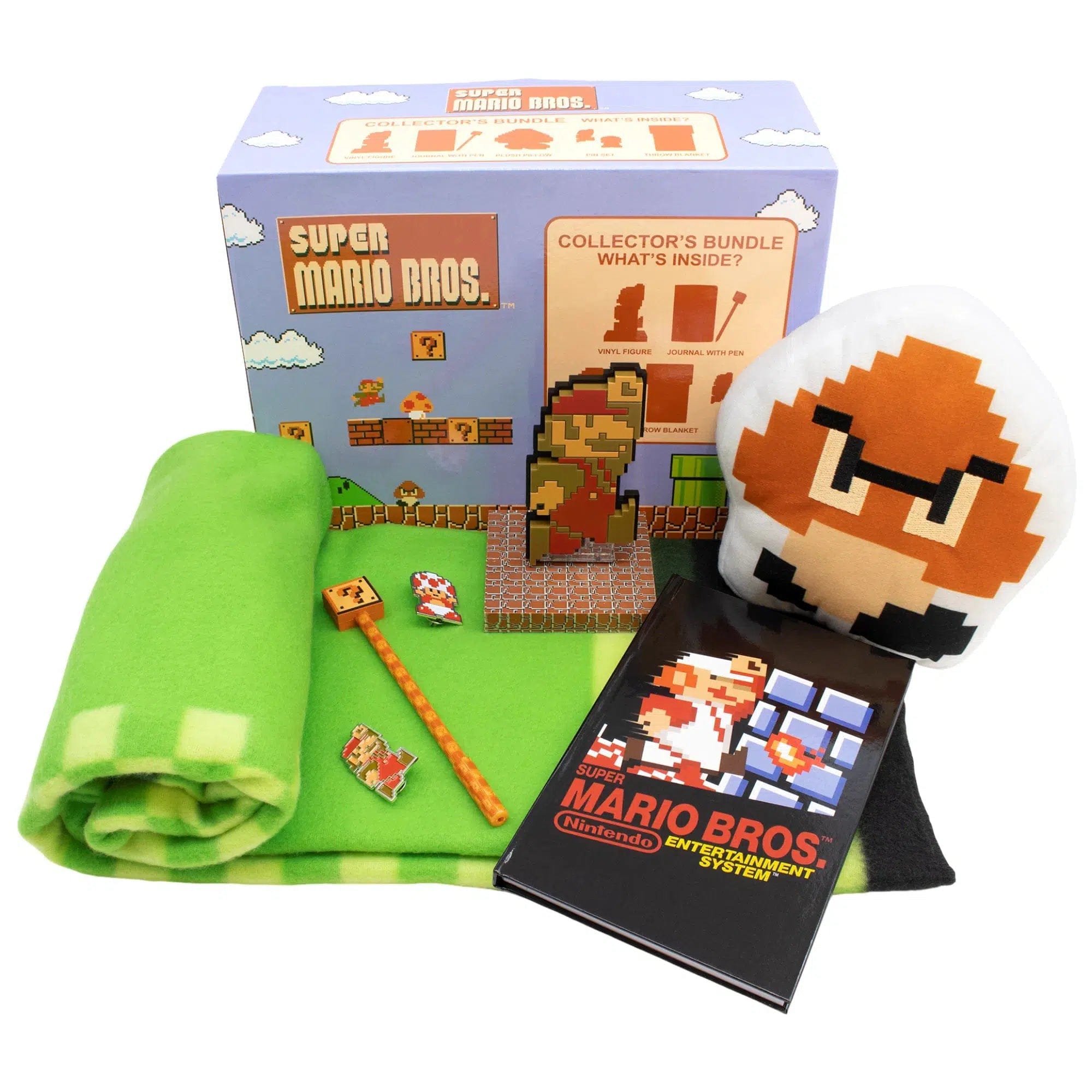 Culturefly Super Mario Bros. - Overworld Collector's Gift Box Set - Culturefly - Plush Pillow, Throw Blanket, Pin Badge, Notebook & Pen, Vinyl Figure