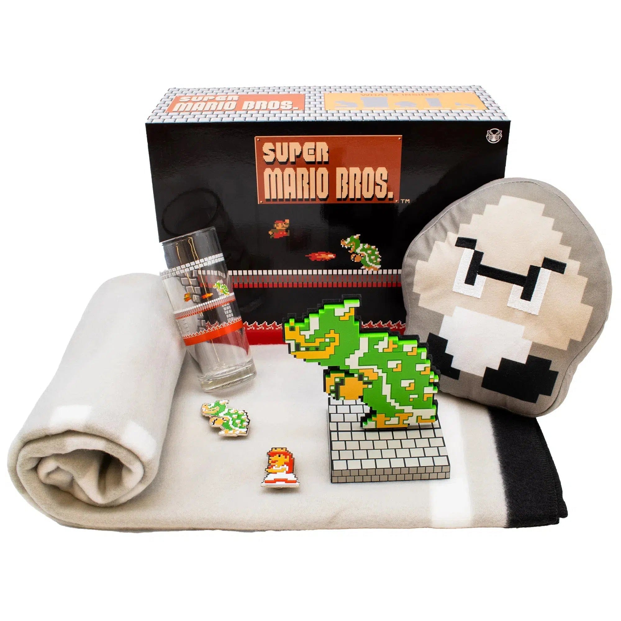 Culturefly Super Mario Bros. - Underworld Collector's Gift Box Set - Culturefly - Throw Blanket, Plush Pillow, Drinking Glass, Enamel Pins, Vinyl Figure