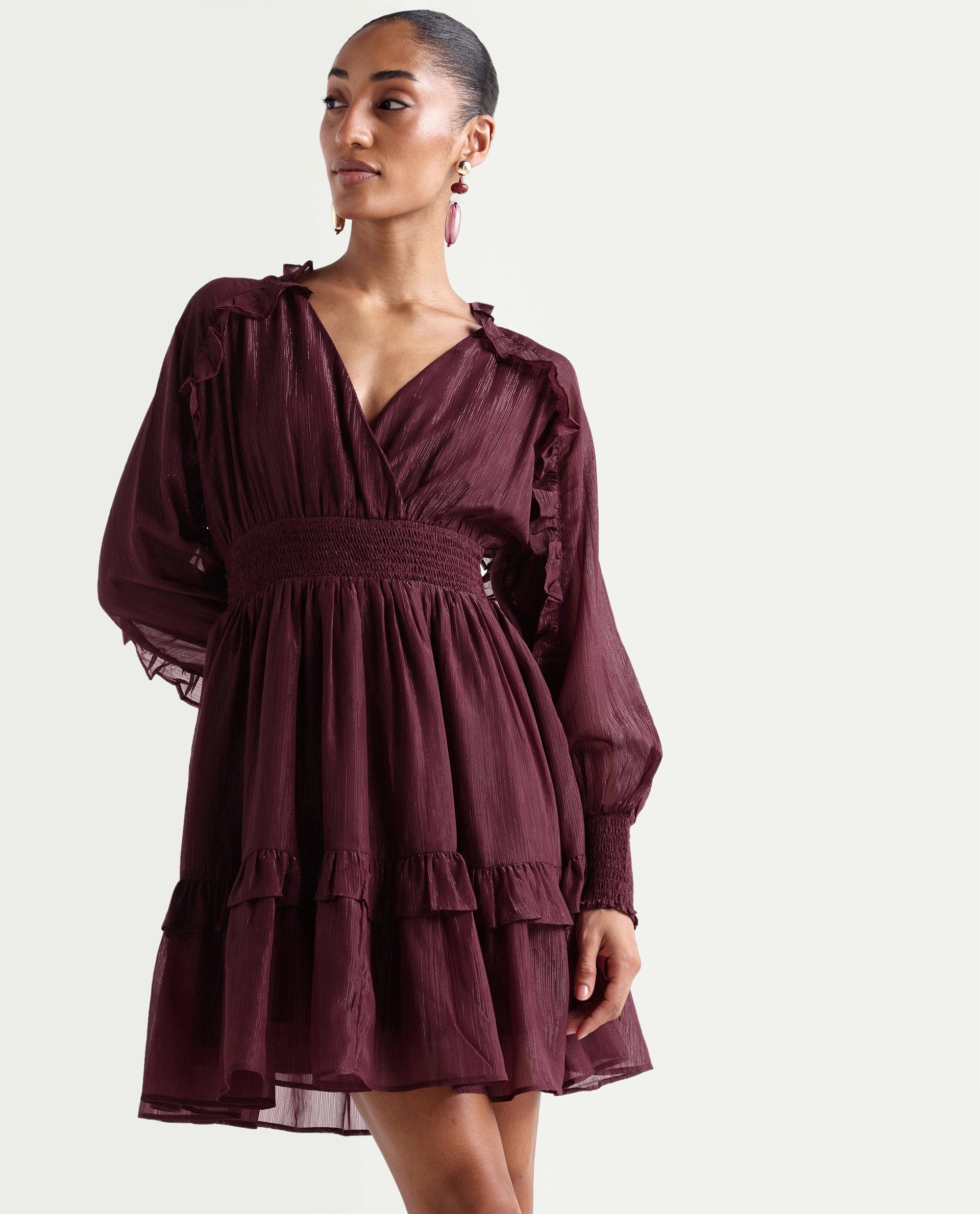 Rareism Women's Peto Maroon Polyester V - Neck Elastic Fit And Flare Plain Dress