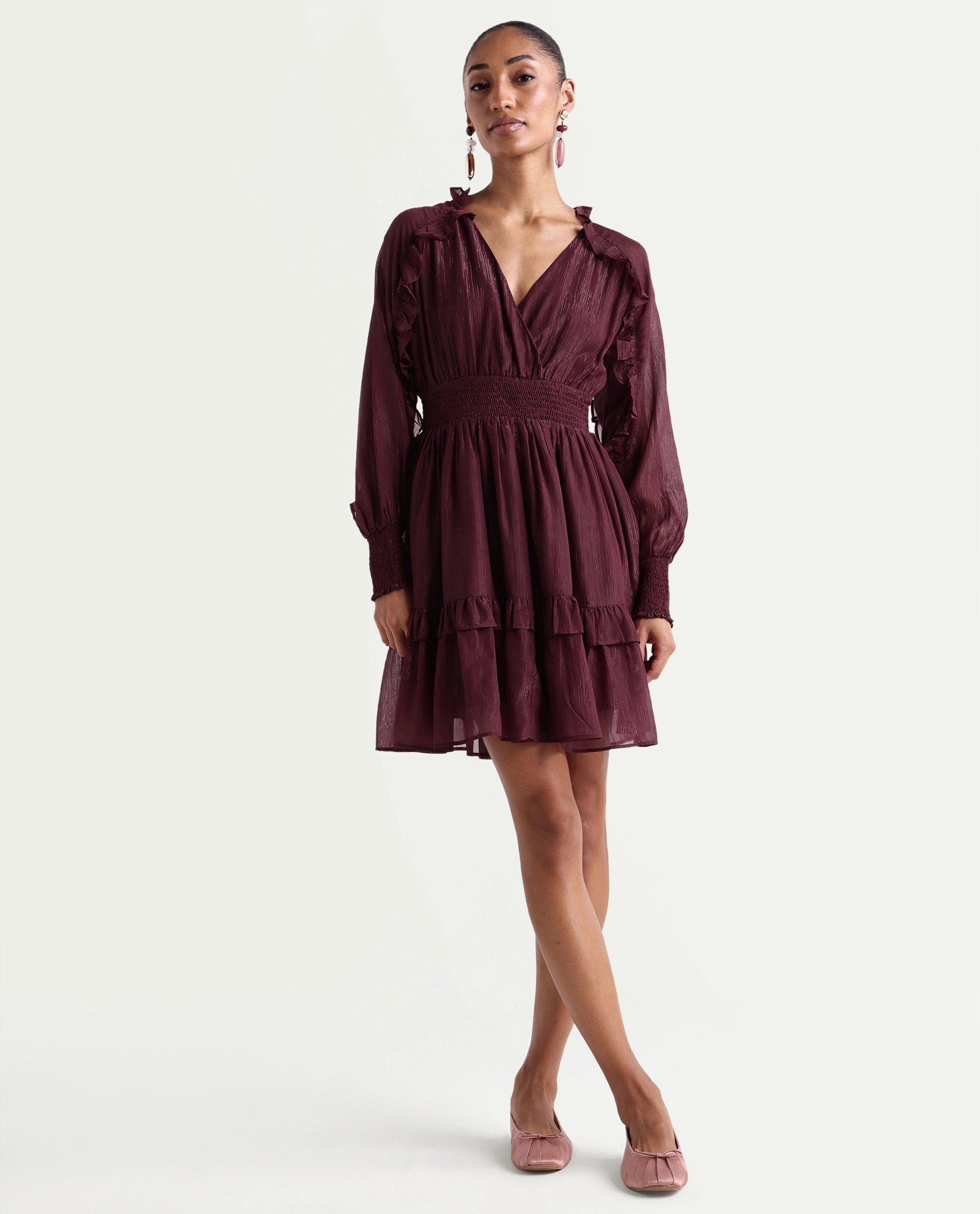 Rareism Women's Peto Maroon Polyester V - Neck Elastic Fit And Flare Plain Dress
