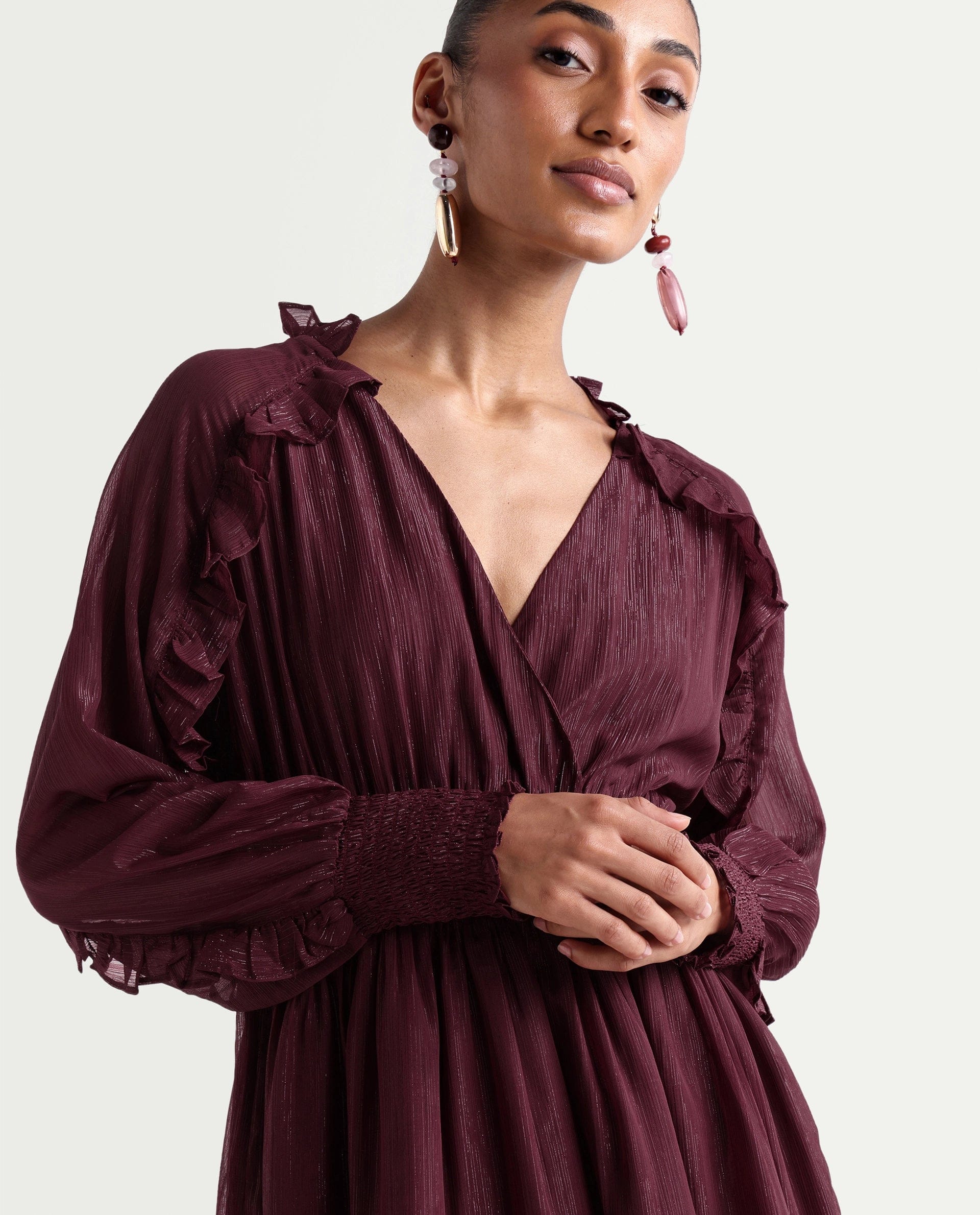 Rareism Women's Peto Maroon Polyester V - Neck Elastic Fit And Flare Plain Dress