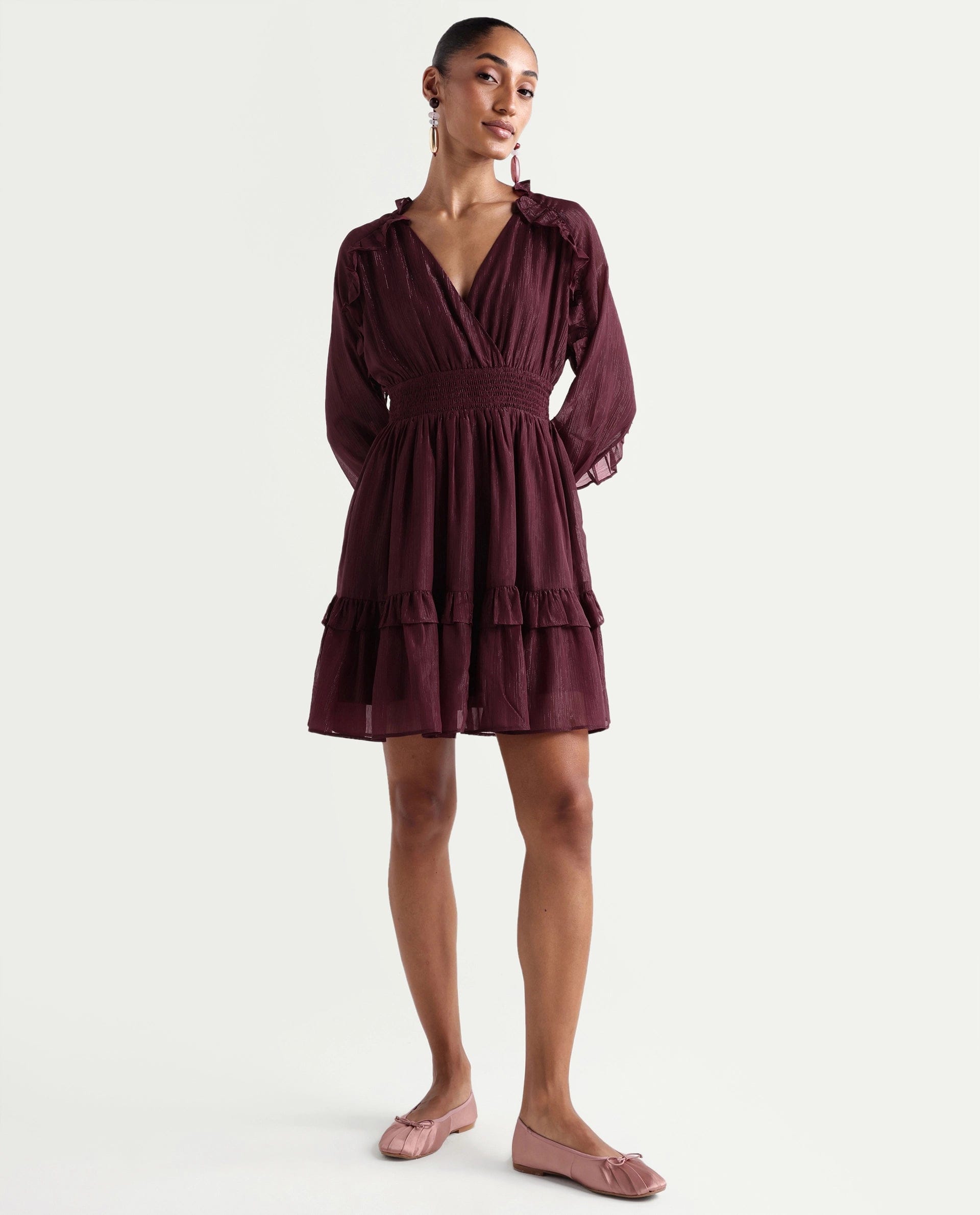 Rareism Women's Peto Maroon Polyester V - Neck Elastic Fit And Flare Plain Dress