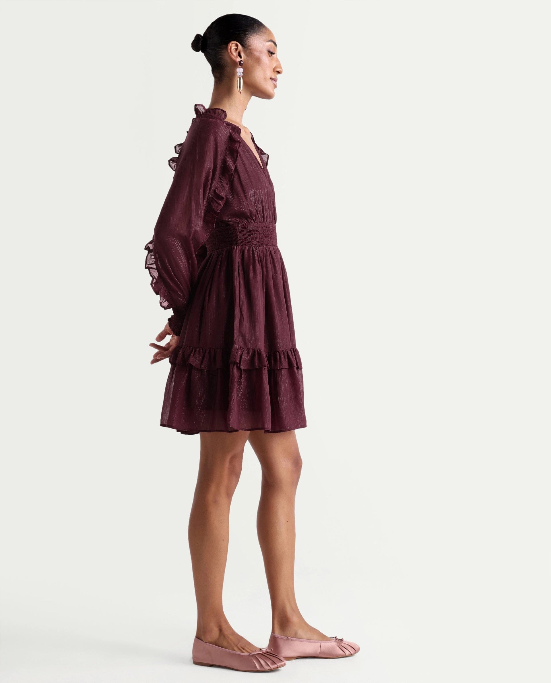 Rareism Women's Peto Maroon Polyester V - Neck Elastic Fit And Flare Plain Dress