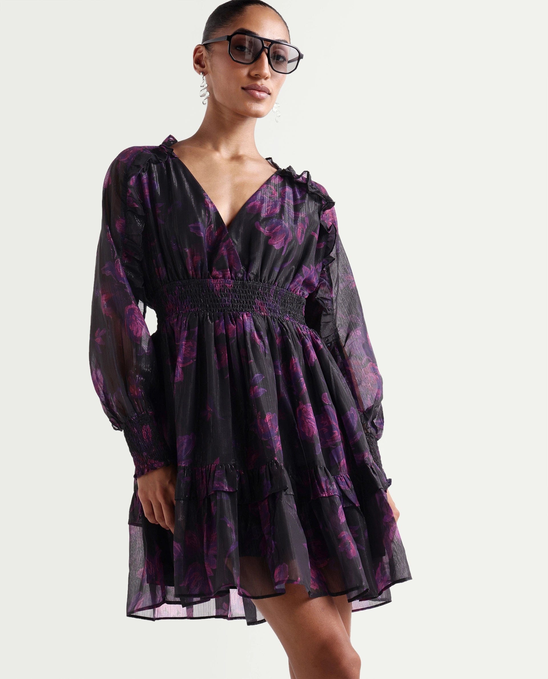 Rareism Women's Peton Black Polyester V - Neck Fit And Flare Floral Print Dress