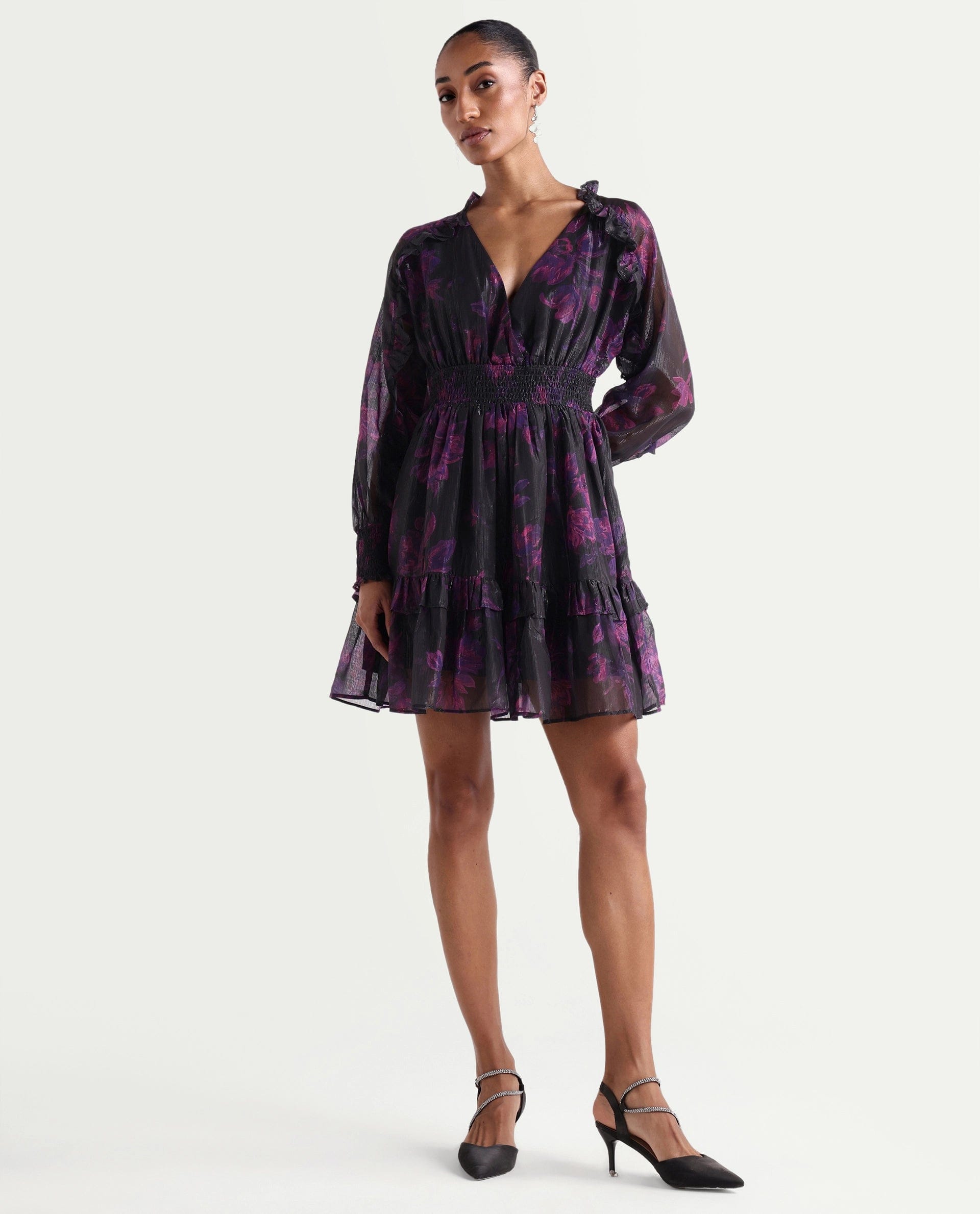 Rareism Women's Peton Black Polyester V - Neck Fit And Flare Floral Print Dress