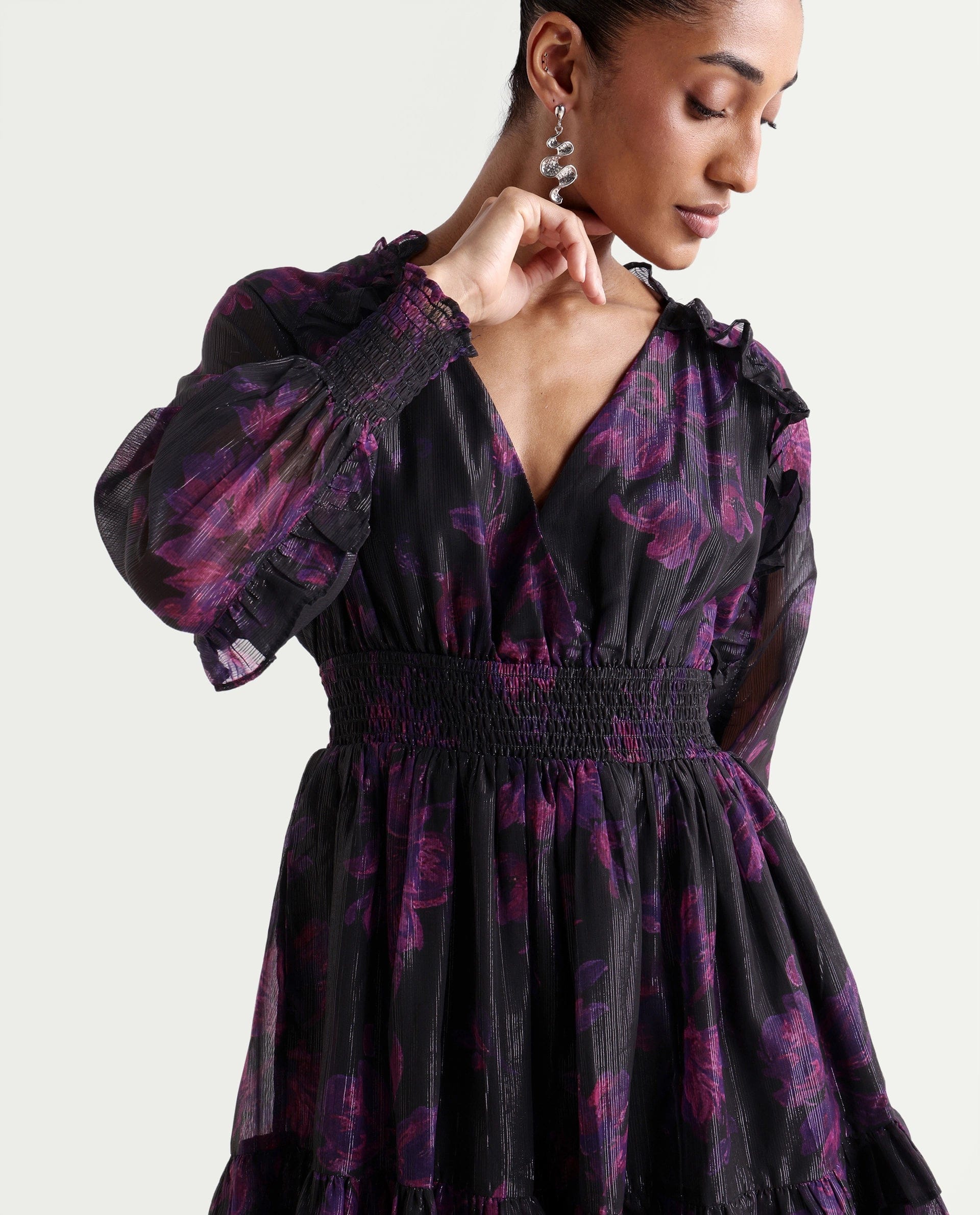 Rareism Women's Peton Black Polyester V - Neck Fit And Flare Floral Print Dress
