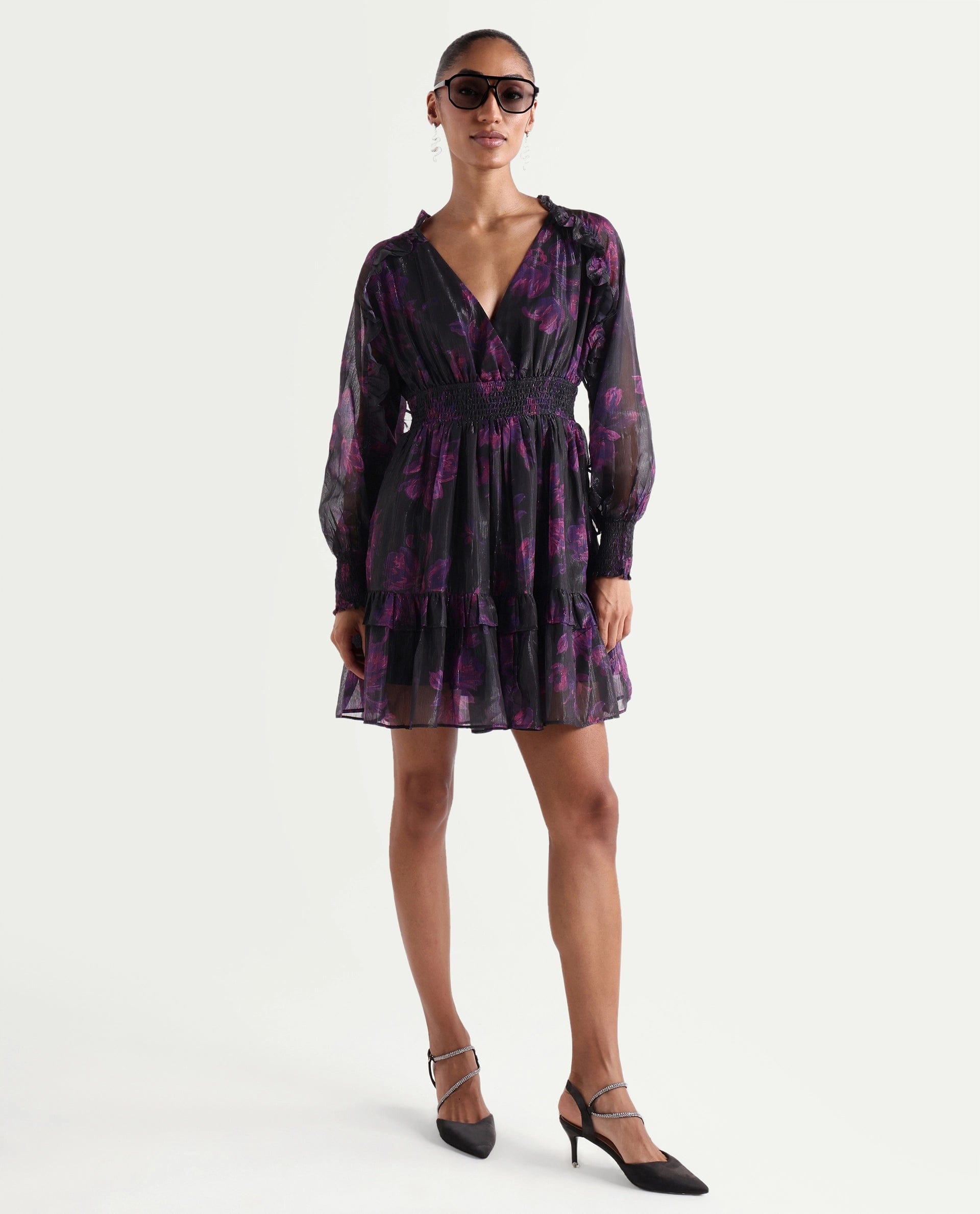 Rareism Women's Peton Black Polyester V - Neck Fit And Flare Floral Print Dress