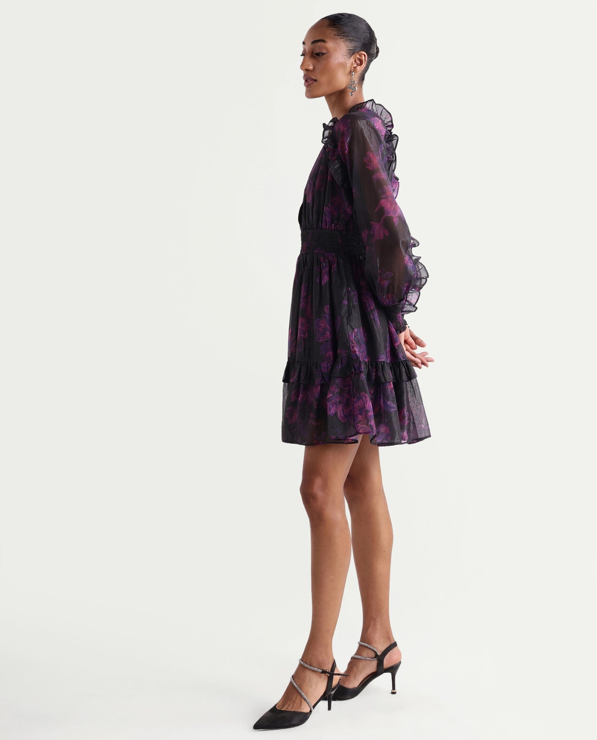 Rareism Women's Peton Black Polyester V - Neck Fit And Flare Floral Print Dress