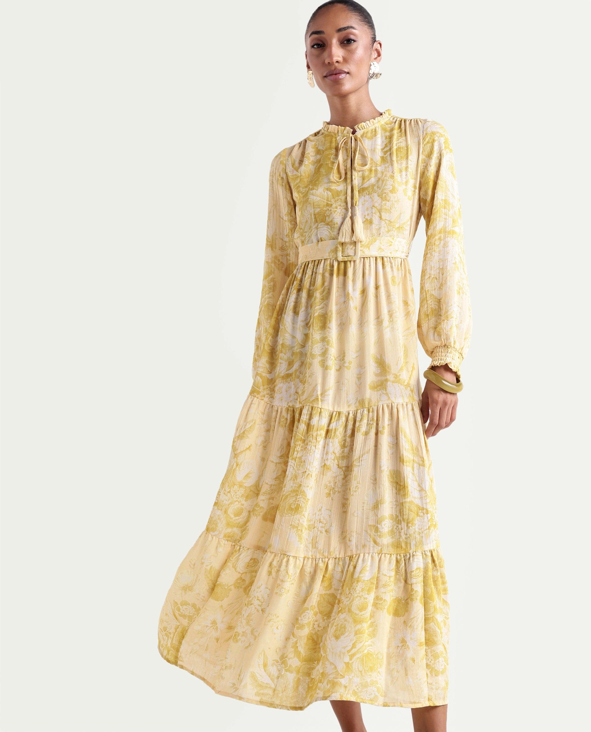 Rareism Women's Hany Mustard Polyester Ruffled Neck Fit And Flare Printed Dress