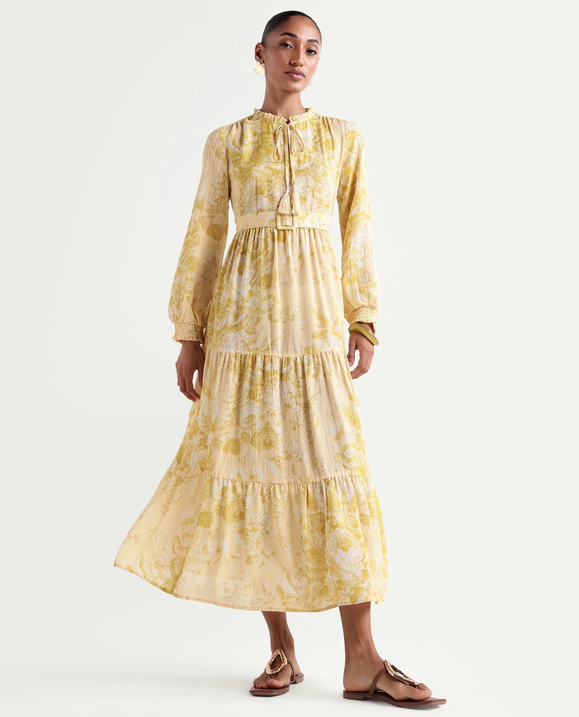 Rareism Women's Hany Mustard Polyester Ruffled Neck Fit And Flare Printed Dress
