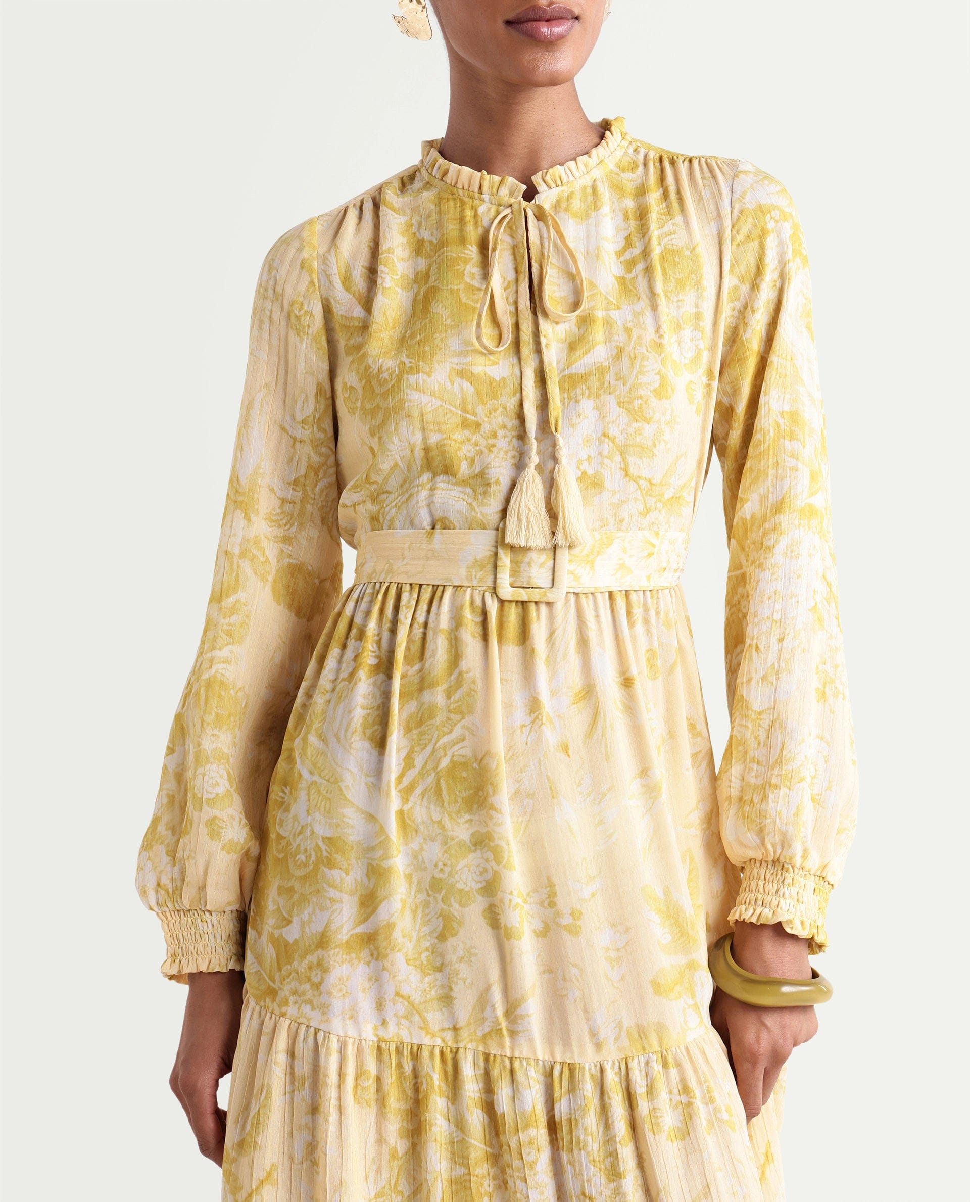Rareism Women's Hany Mustard Polyester Ruffled Neck Fit And Flare Printed Dress