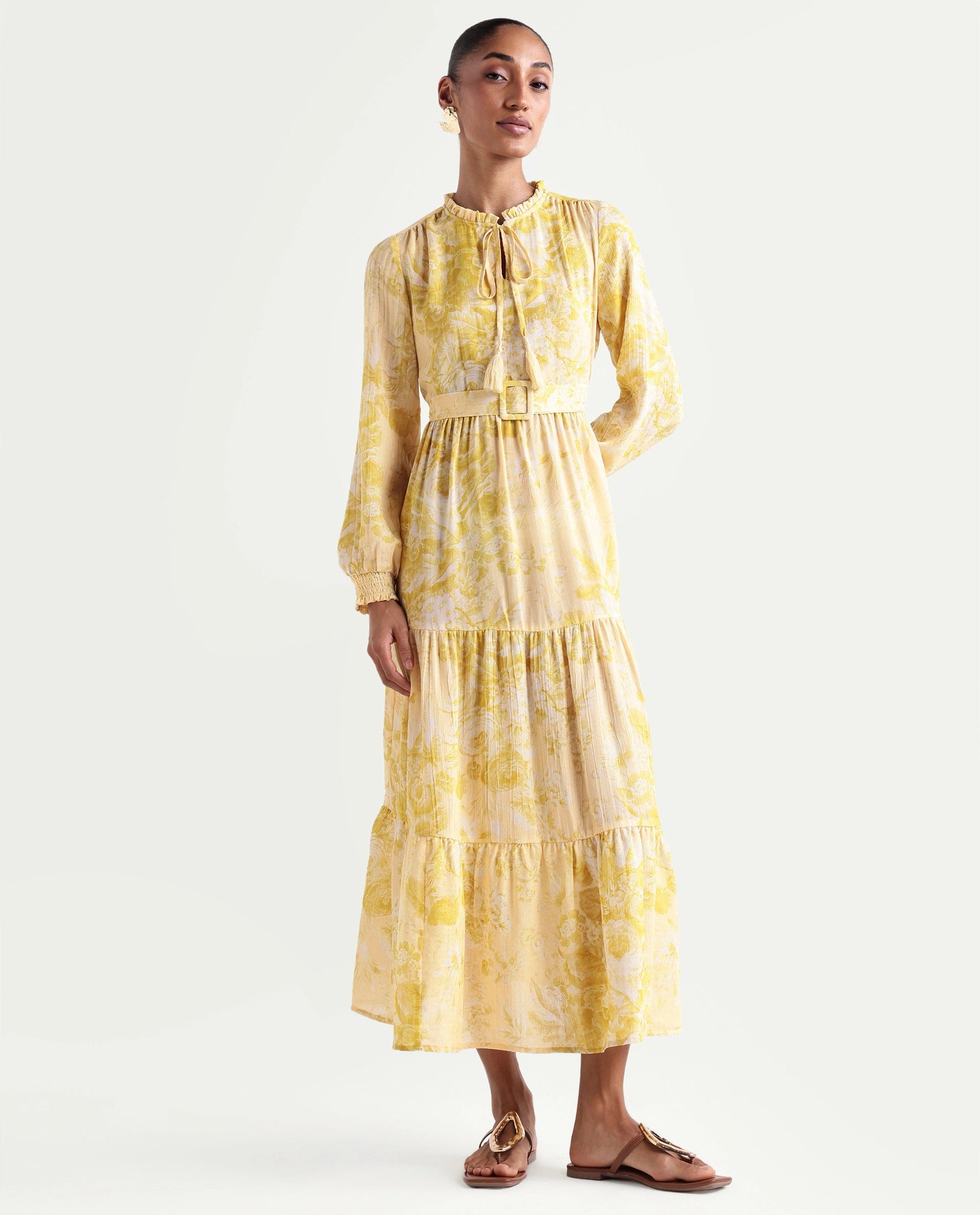 Rareism Women's Hany Mustard Polyester Ruffled Neck Fit And Flare Printed Dress