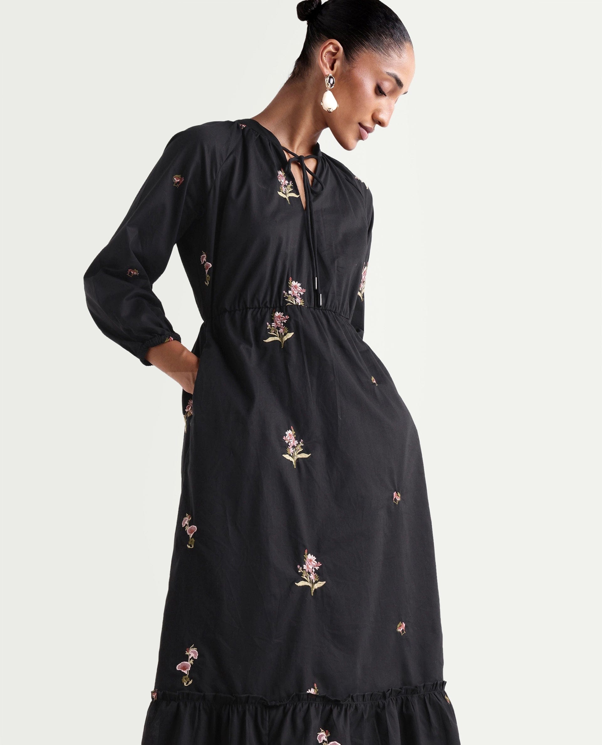 Rareism Women's Cyndin Black Viscose Blend Tie - Up Fit And Flare Plain Dress