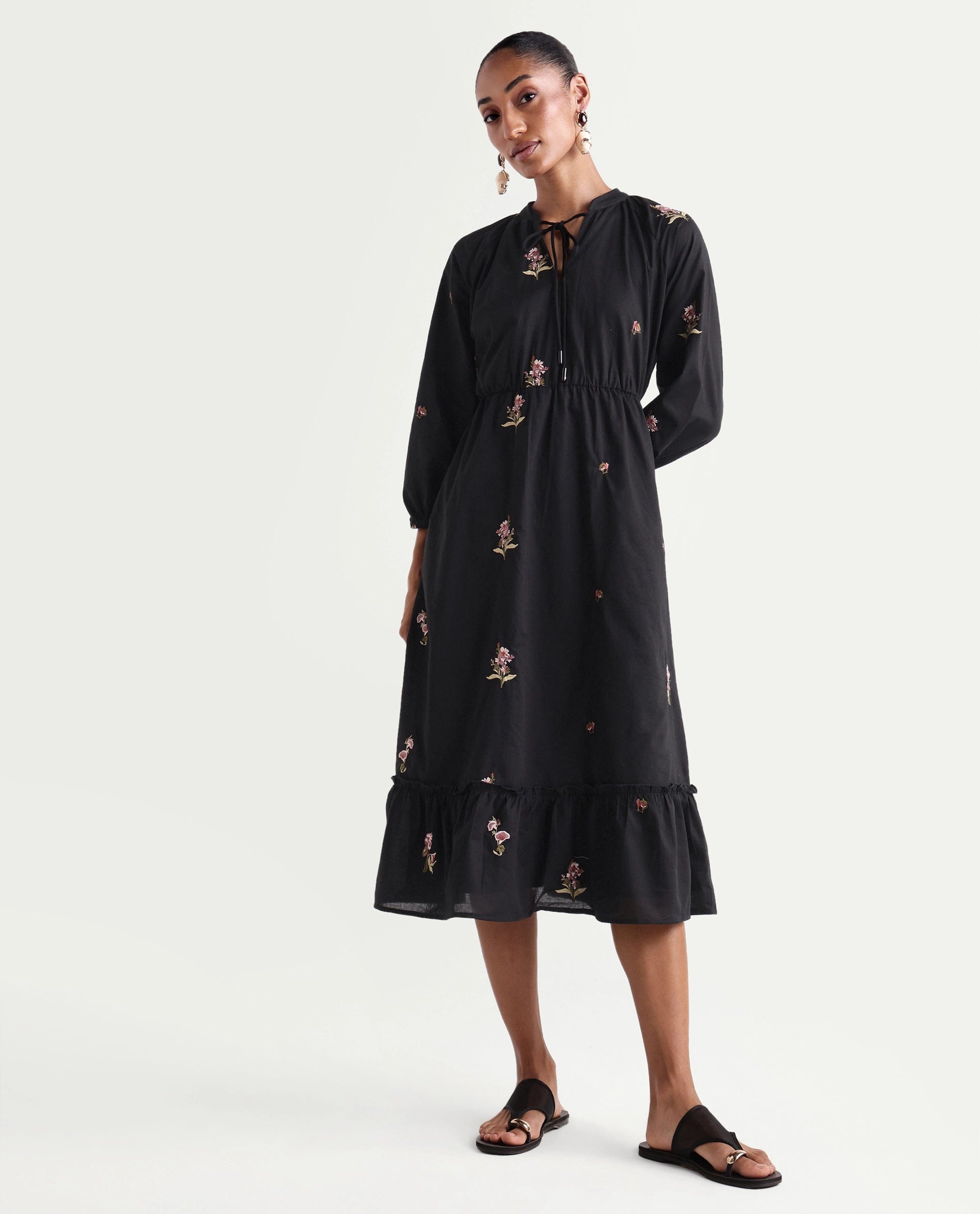 Rareism Women's Cyndin Black Viscose Blend Tie - Up Fit And Flare Plain Dress