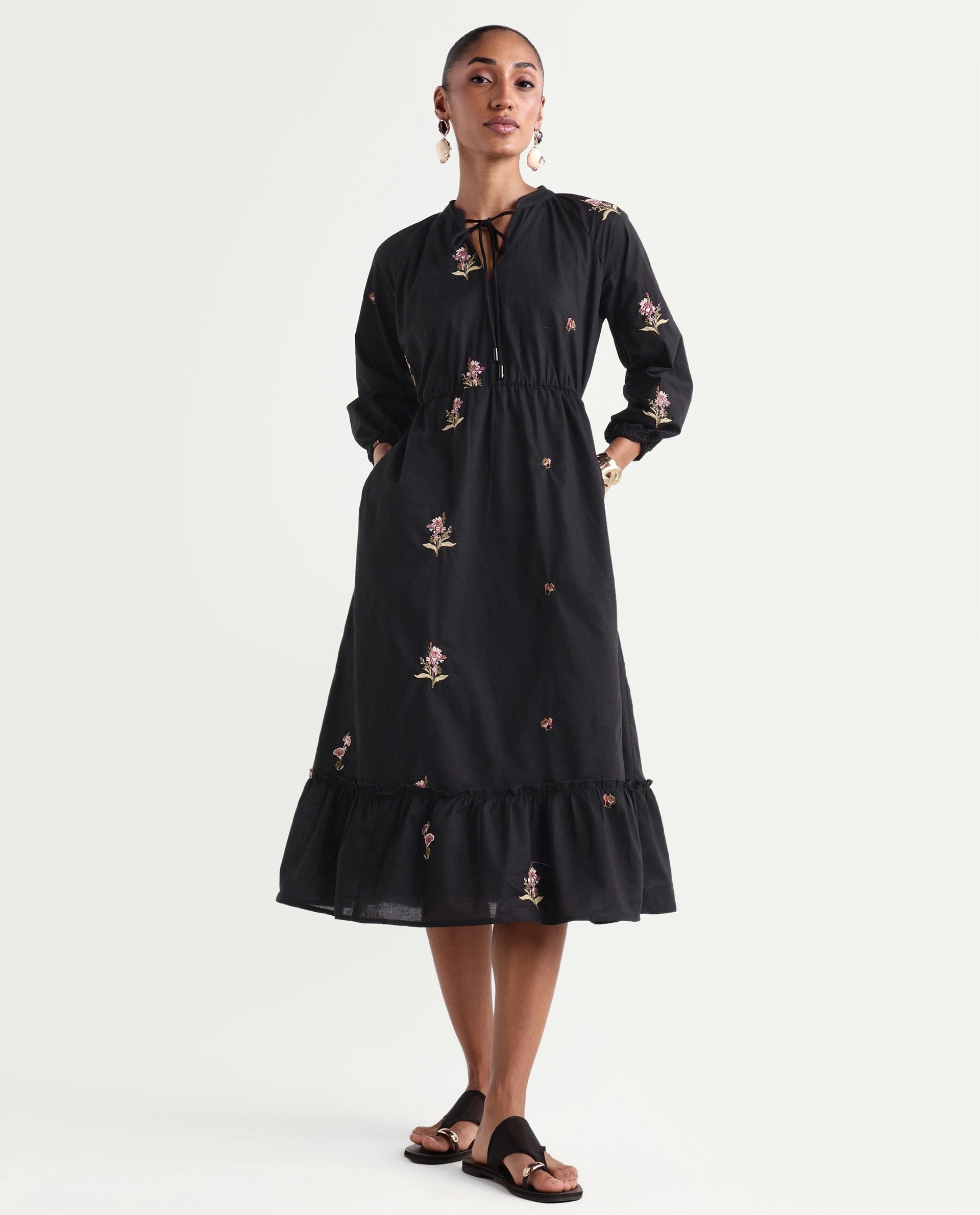 Rareism Women's Cyndin Black Viscose Blend Tie - Up Fit And Flare Plain Dress