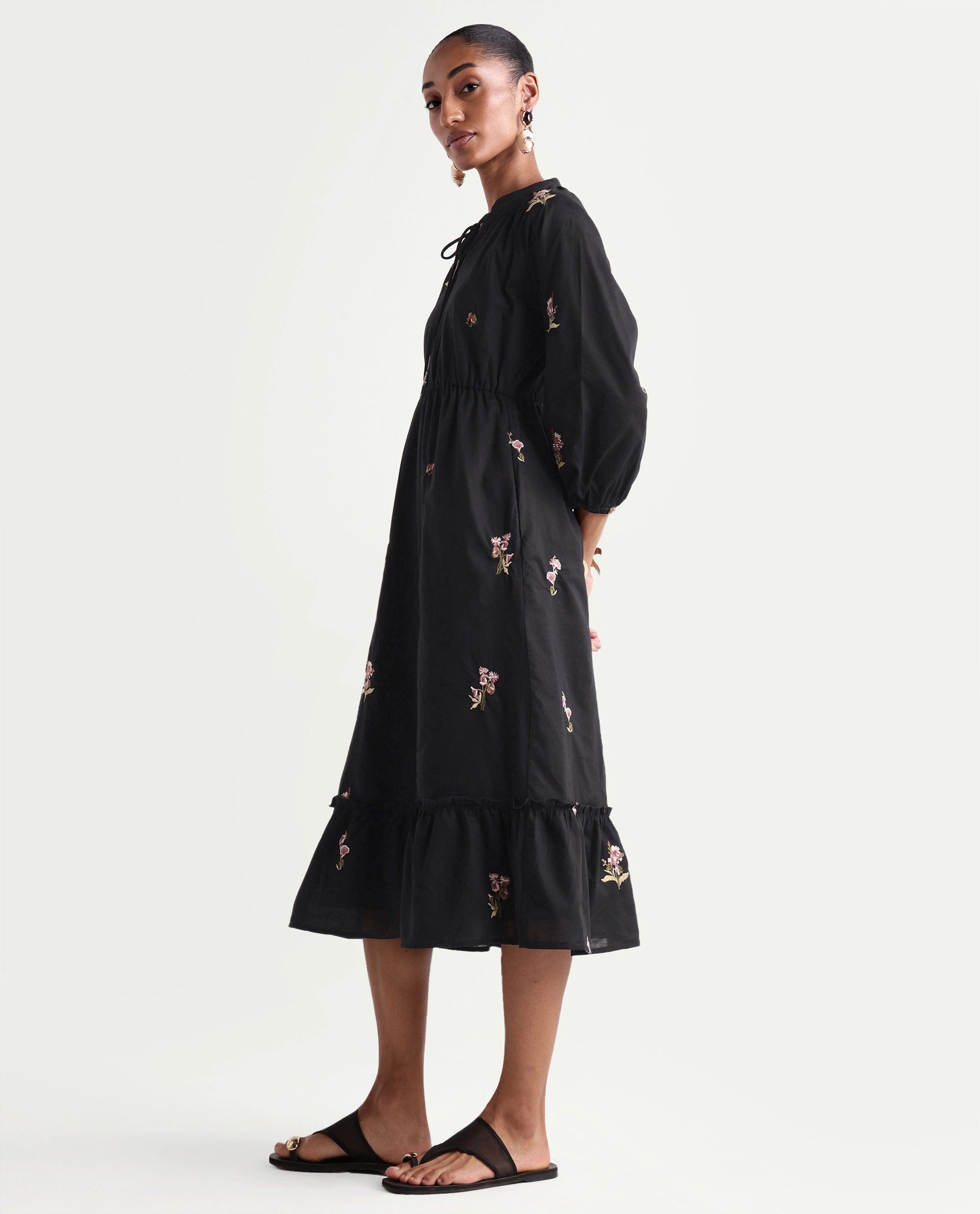Rareism Women's Cyndin Black Viscose Blend Tie - Up Fit And Flare Plain Dress