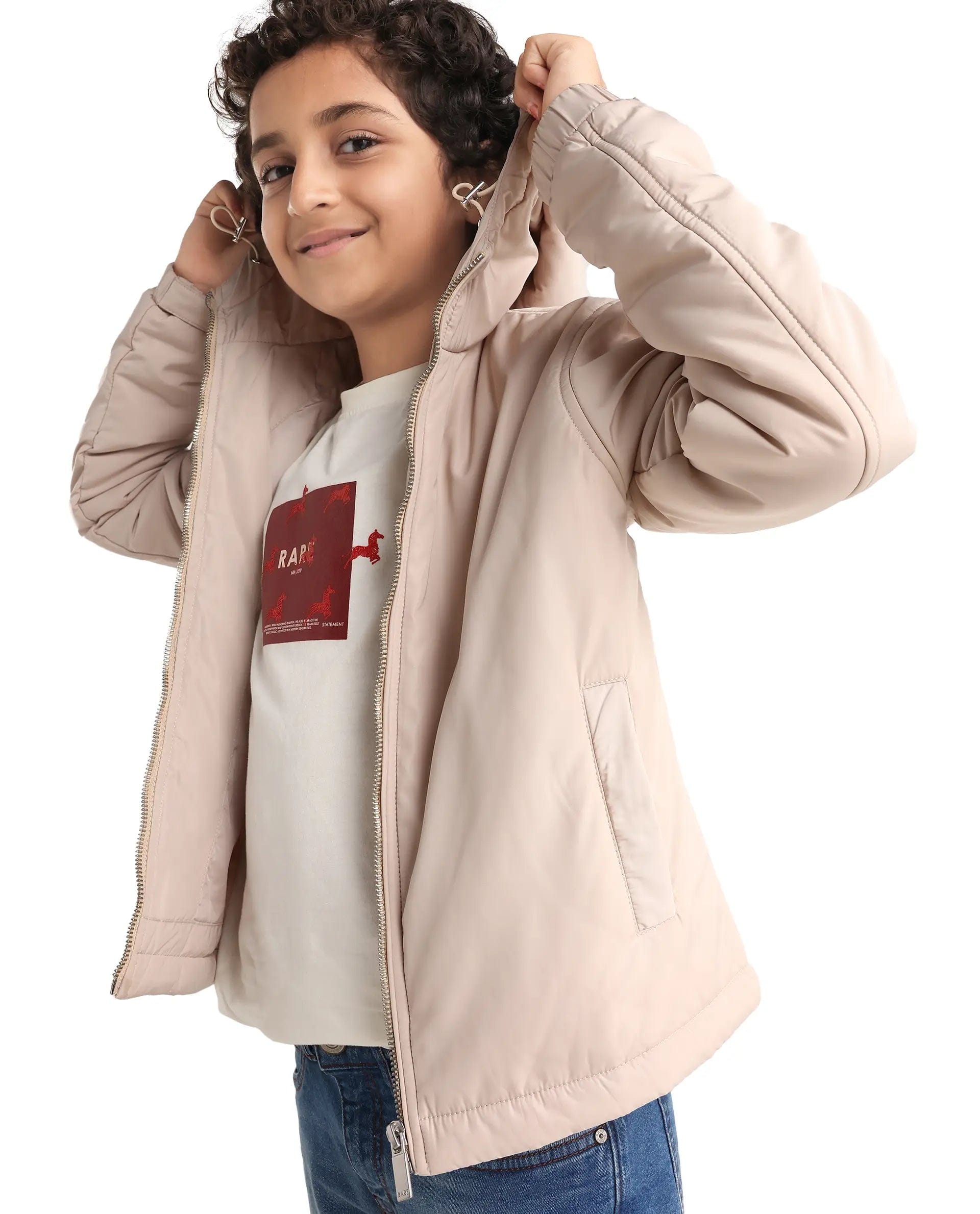 Rare Ones Kids Kost - K Beige Polyester Zipper Closure Hooded Plain Full Sleeves Regular Fit Jacket