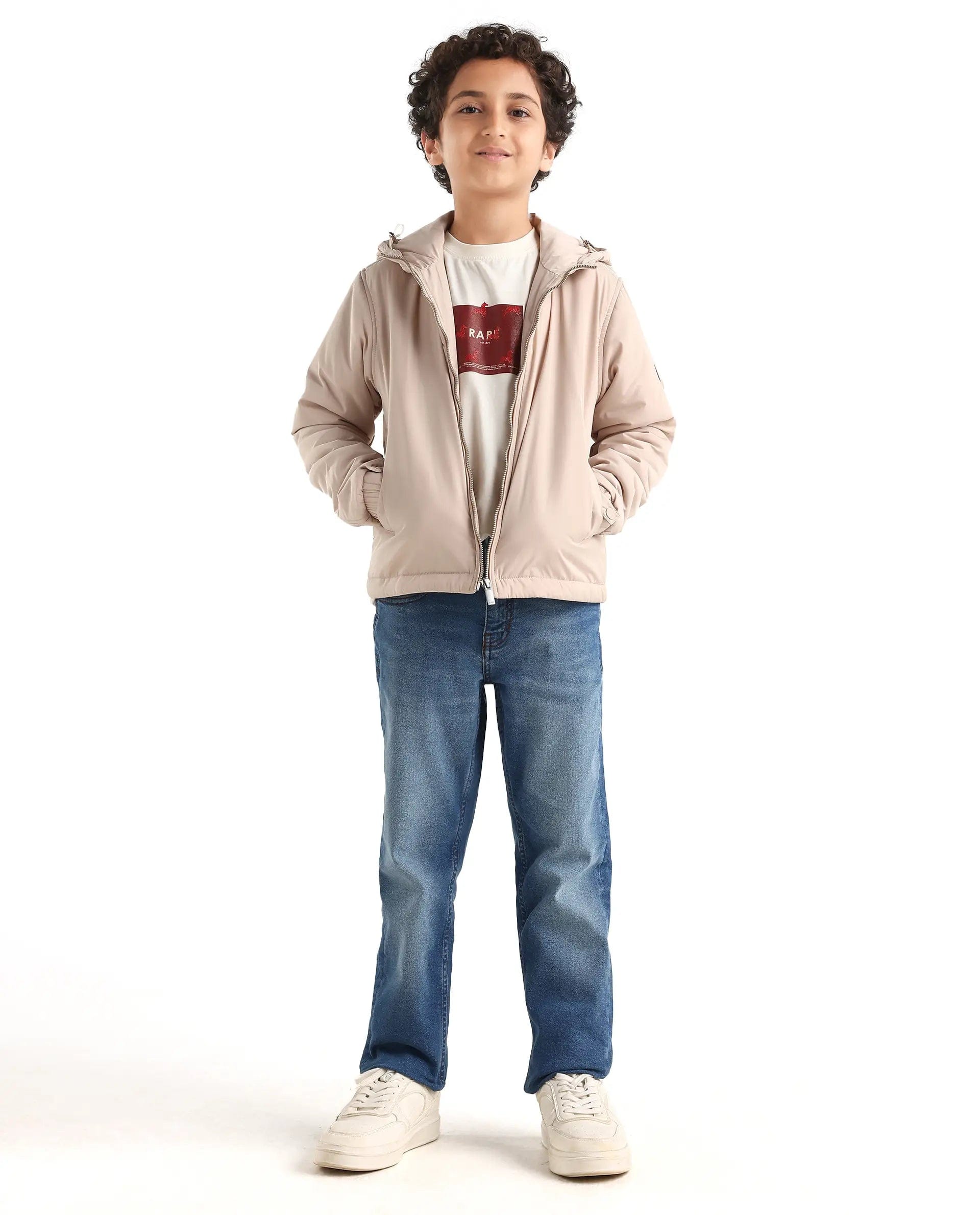 Rare Ones Kids Kost - K Beige Polyester Zipper Closure Hooded Plain Full Sleeves Regular Fit Jacket