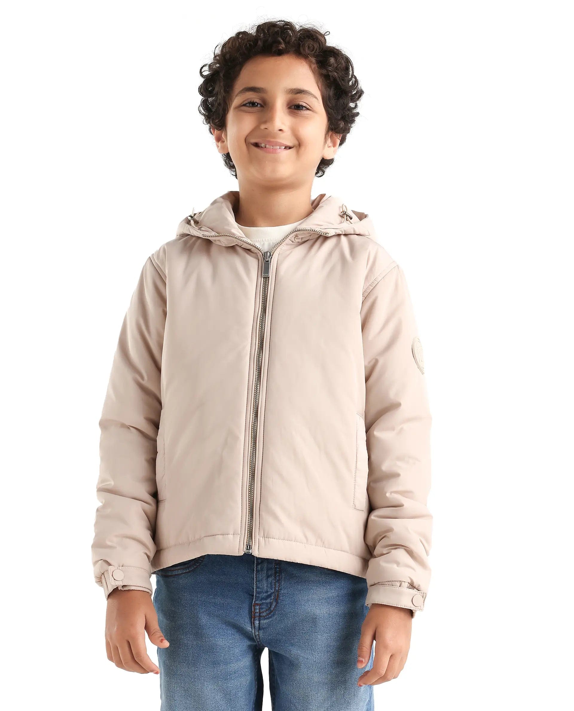 Rare Ones Kids Kost - K Beige Polyester Zipper Closure Hooded Plain Full Sleeves Regular Fit Jacket