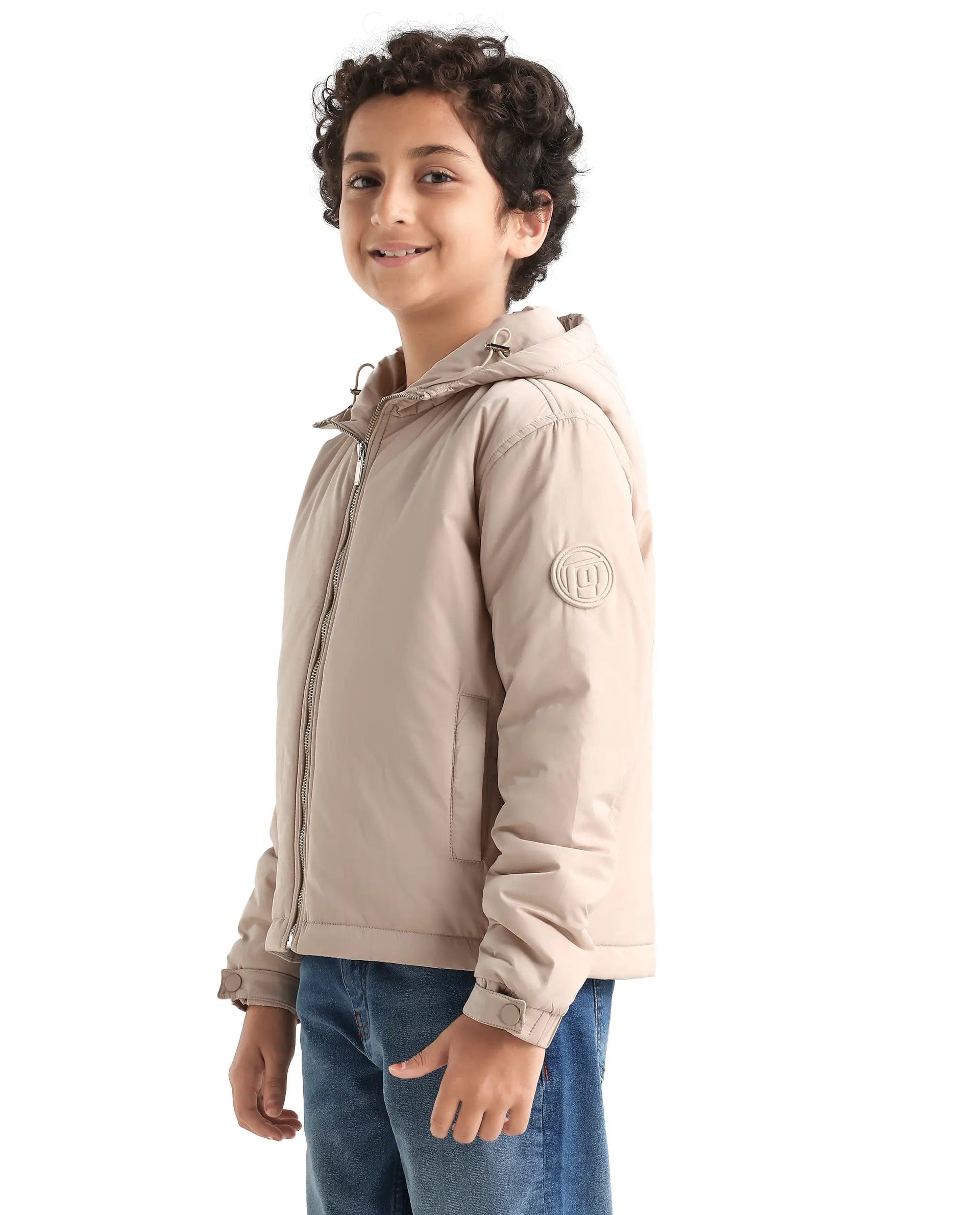 Rare Ones Kids Kost - K Beige Polyester Zipper Closure Hooded Plain Full Sleeves Regular Fit Jacket