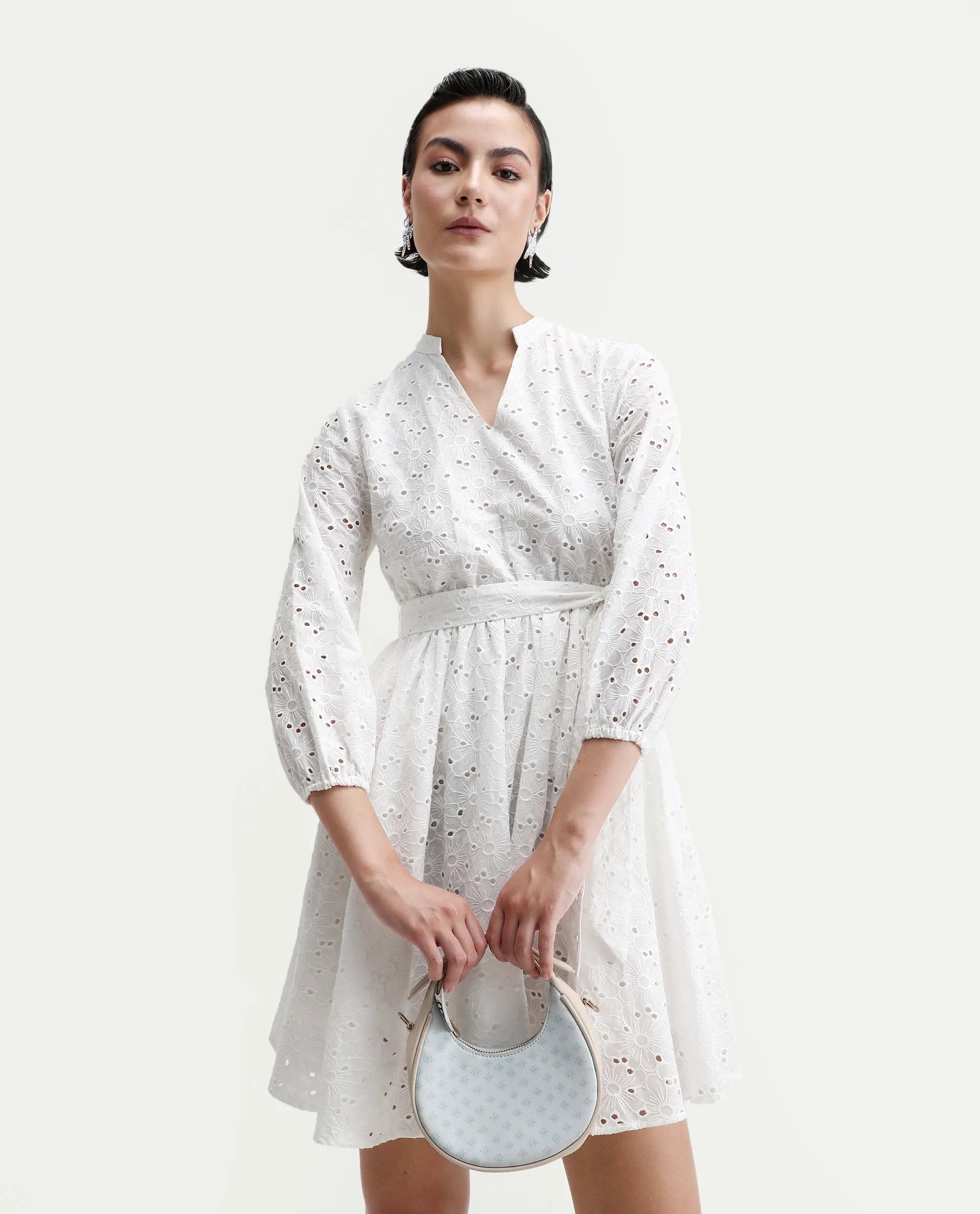 Rareism Women's Somliao White Cotton V - Neck Plain Bishop Sleeve Mini Flared Dress