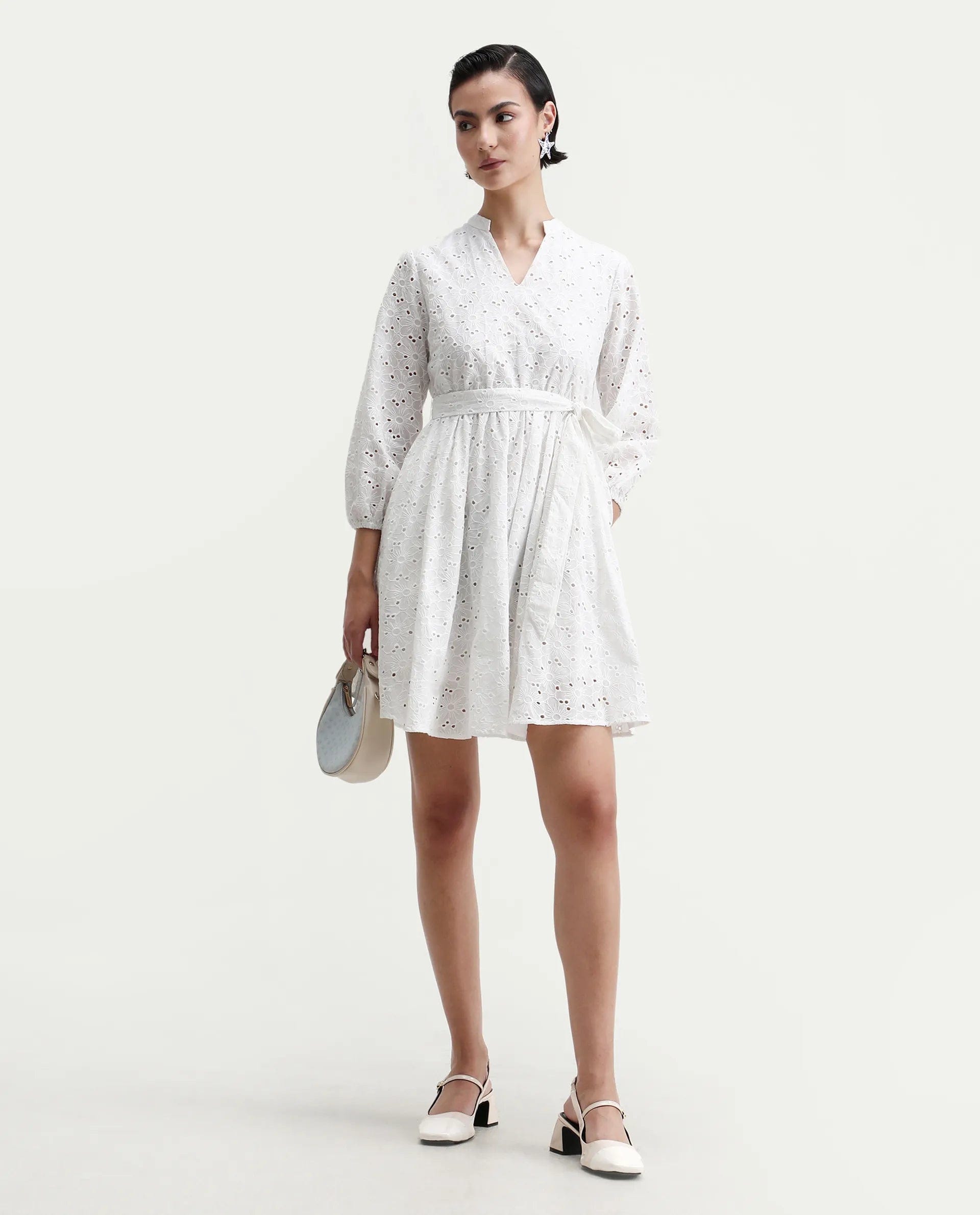 Rareism Women's Somliao White Cotton V - Neck Plain Bishop Sleeve Mini Flared Dress