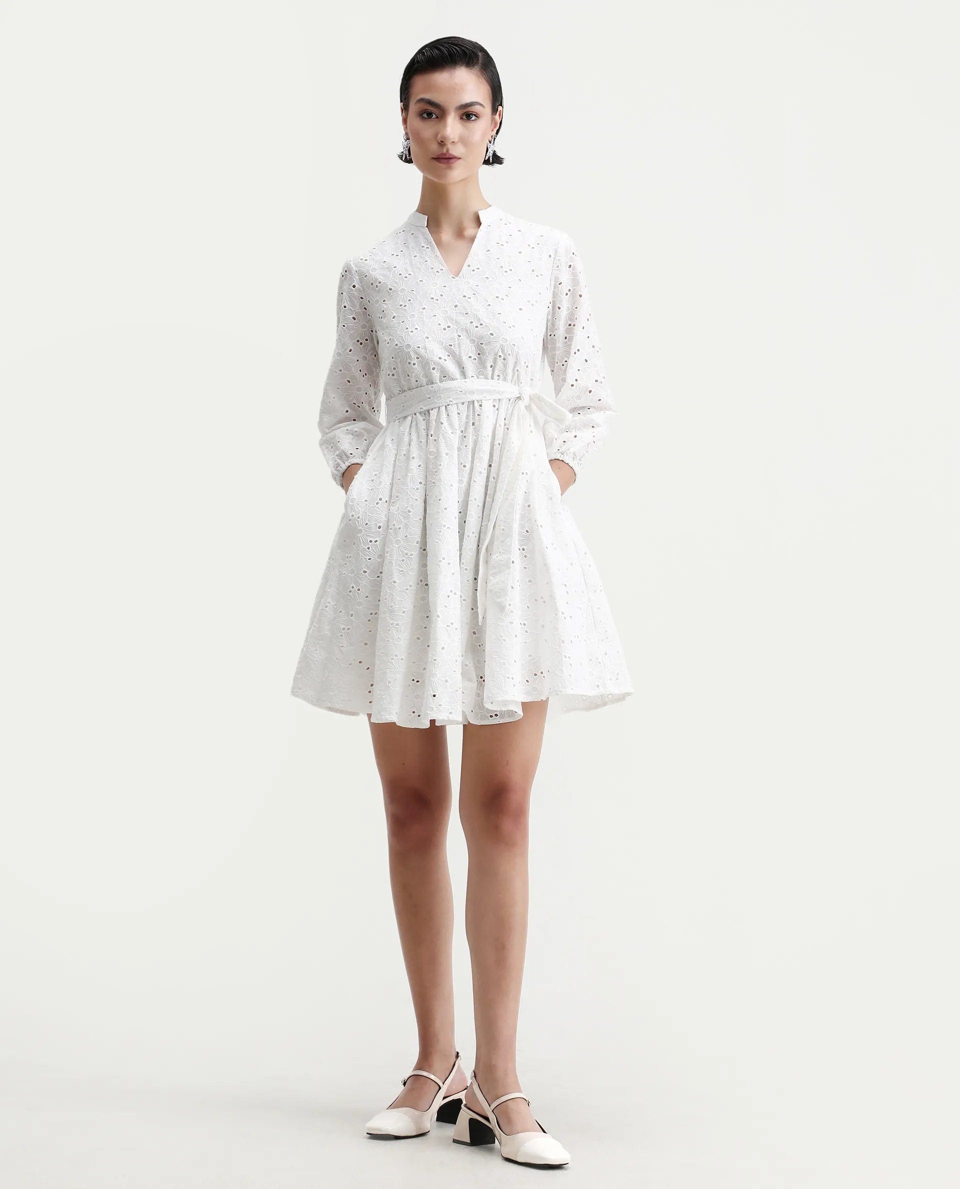 Rareism Women's Somliao White Cotton V - Neck Plain Bishop Sleeve Mini Flared Dress