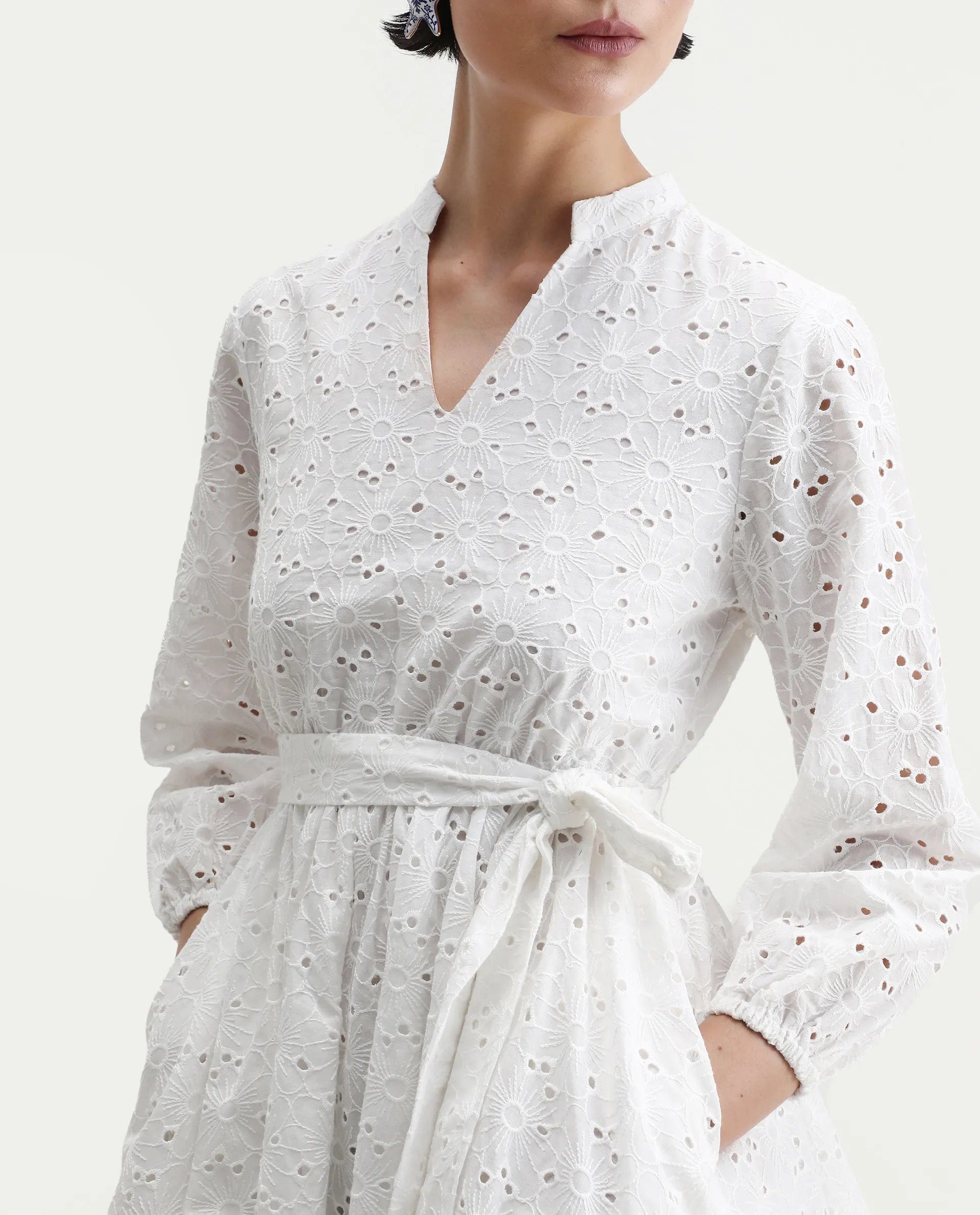 Rareism Women's Somliao White Cotton V - Neck Plain Bishop Sleeve Mini Flared Dress