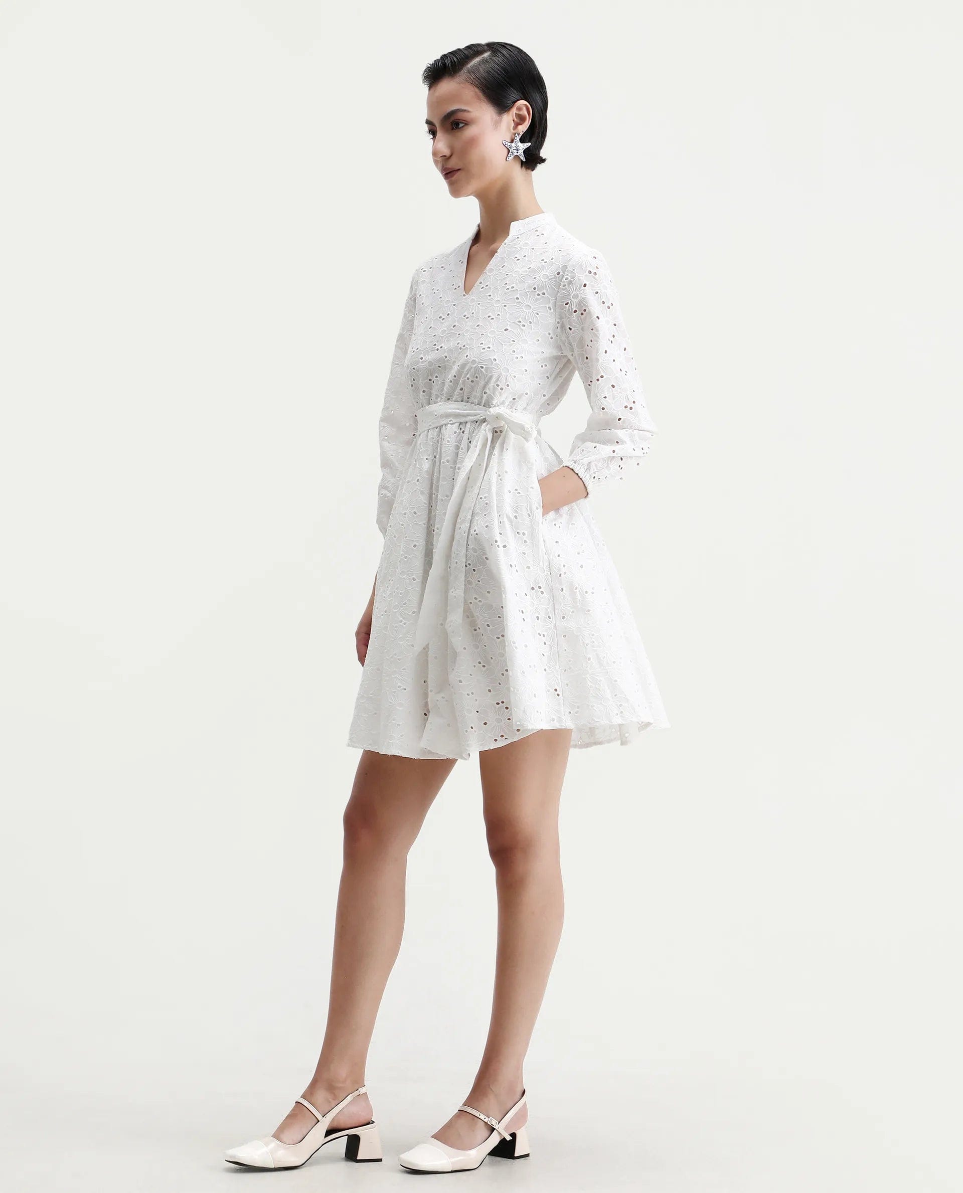 Rareism Women's Somliao White Cotton V - Neck Plain Bishop Sleeve Mini Flared Dress
