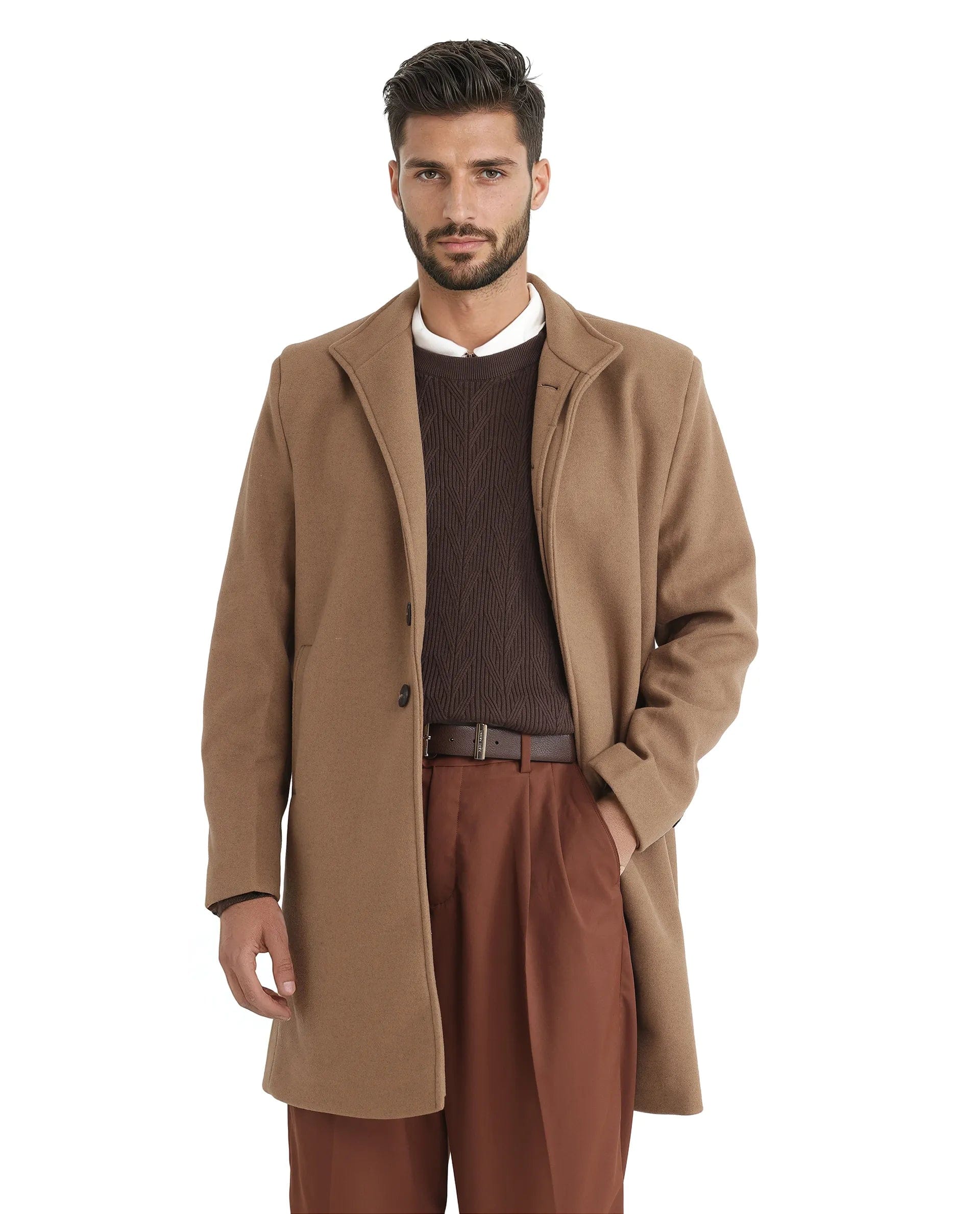 RARE Rabbit Men's Dune - 2 Mustard Polyester Plain Relaxed Fit Full Sleeve High Neck Coat