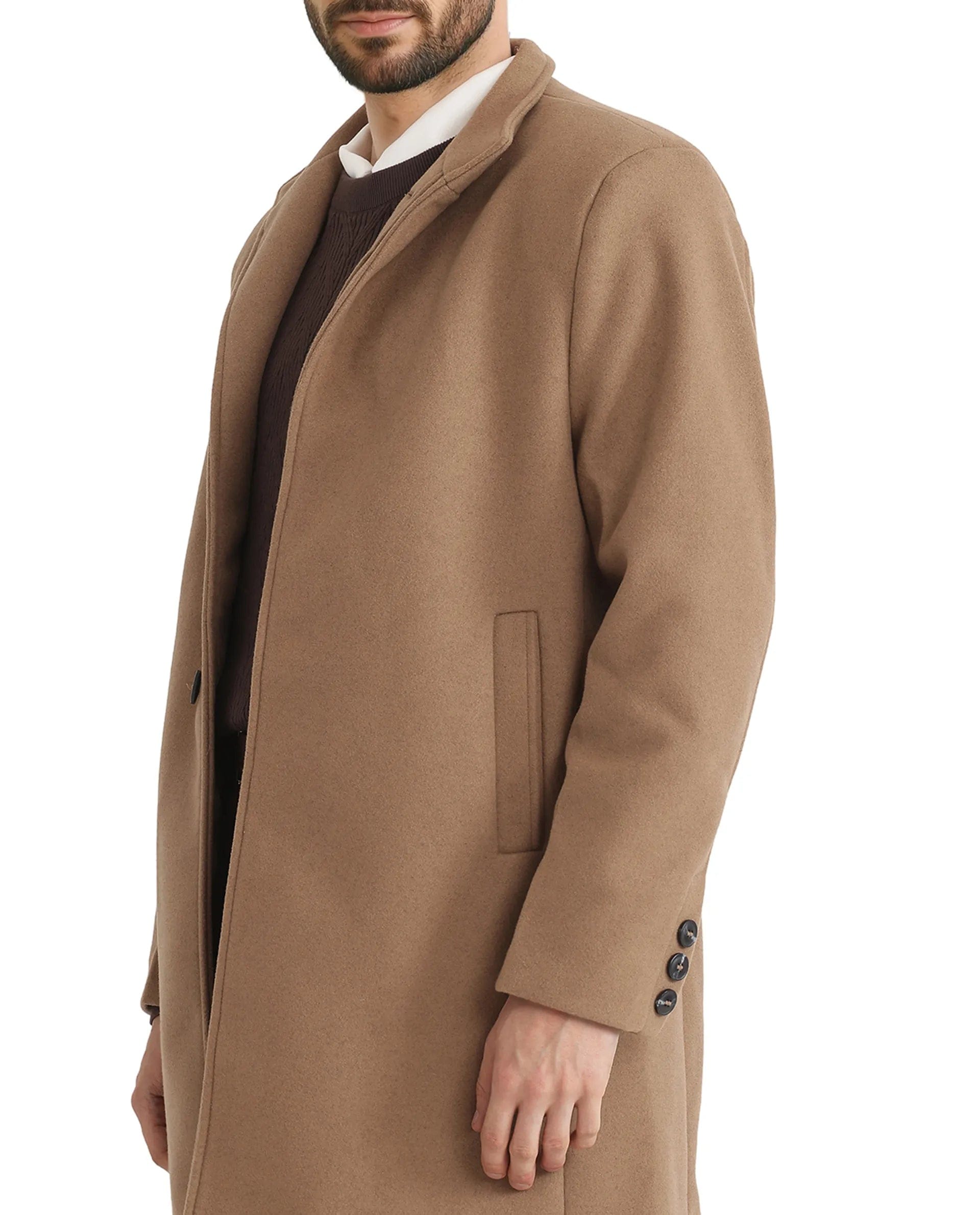RARE Rabbit Men's Dune - 2 Mustard Polyester Plain Relaxed Fit Full Sleeve High Neck Coat