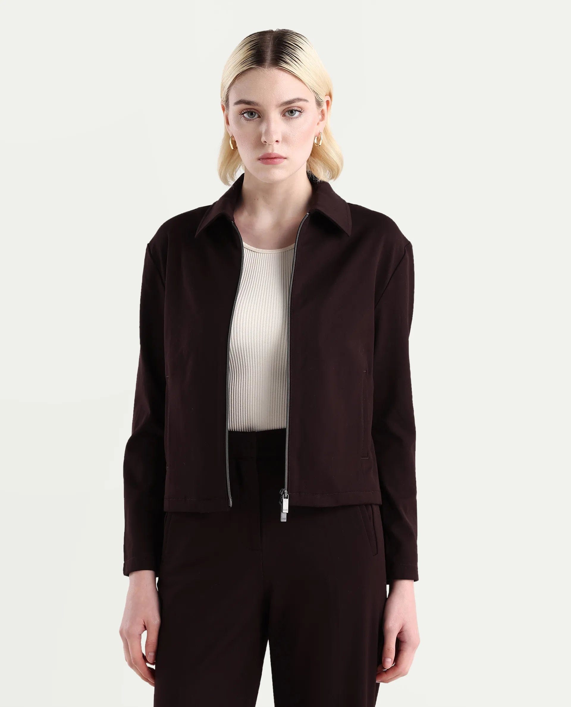 Rareism Women's Nizloz Maroon Polyester Blend Spread Collar Regular Plain Jacket