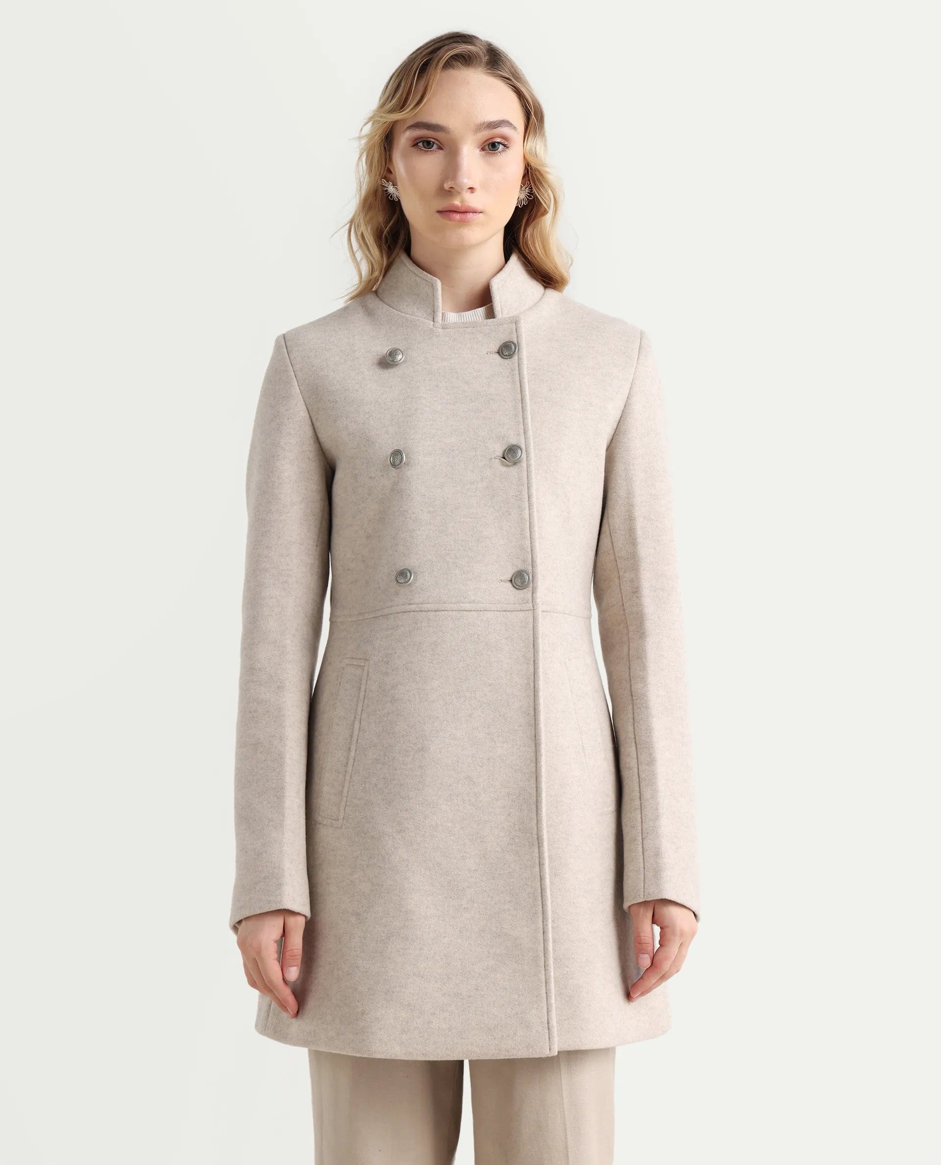 Rareism Women's Norint Beige Polyester Blend Mandarin Collar Fitted Coat
