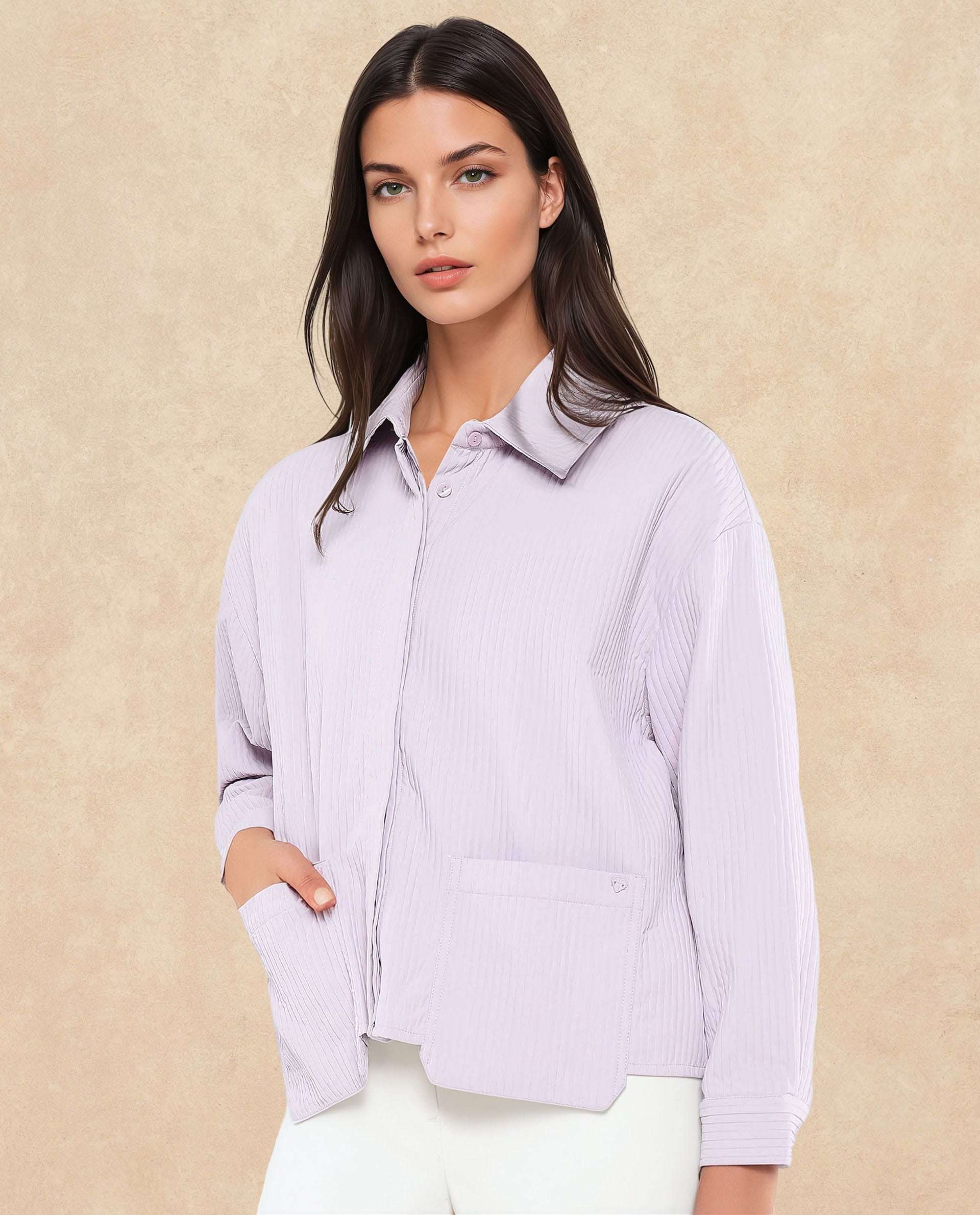 Rareism Women's Albury Dusky Purple Polyester Drop Collar Plain Cuffed Sleeve Boxy Fit Jacket