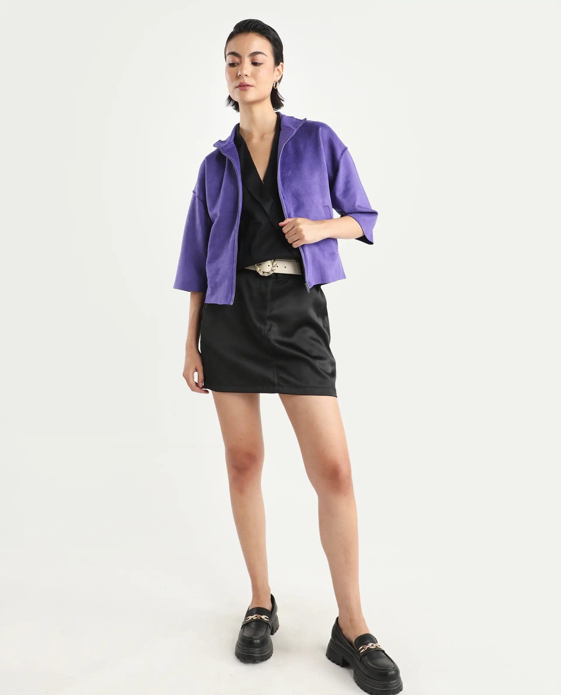 Rareism Women's Vasu 1 Purple Polyester Blend Mandarin Collar Plain Regular Fit Jacket