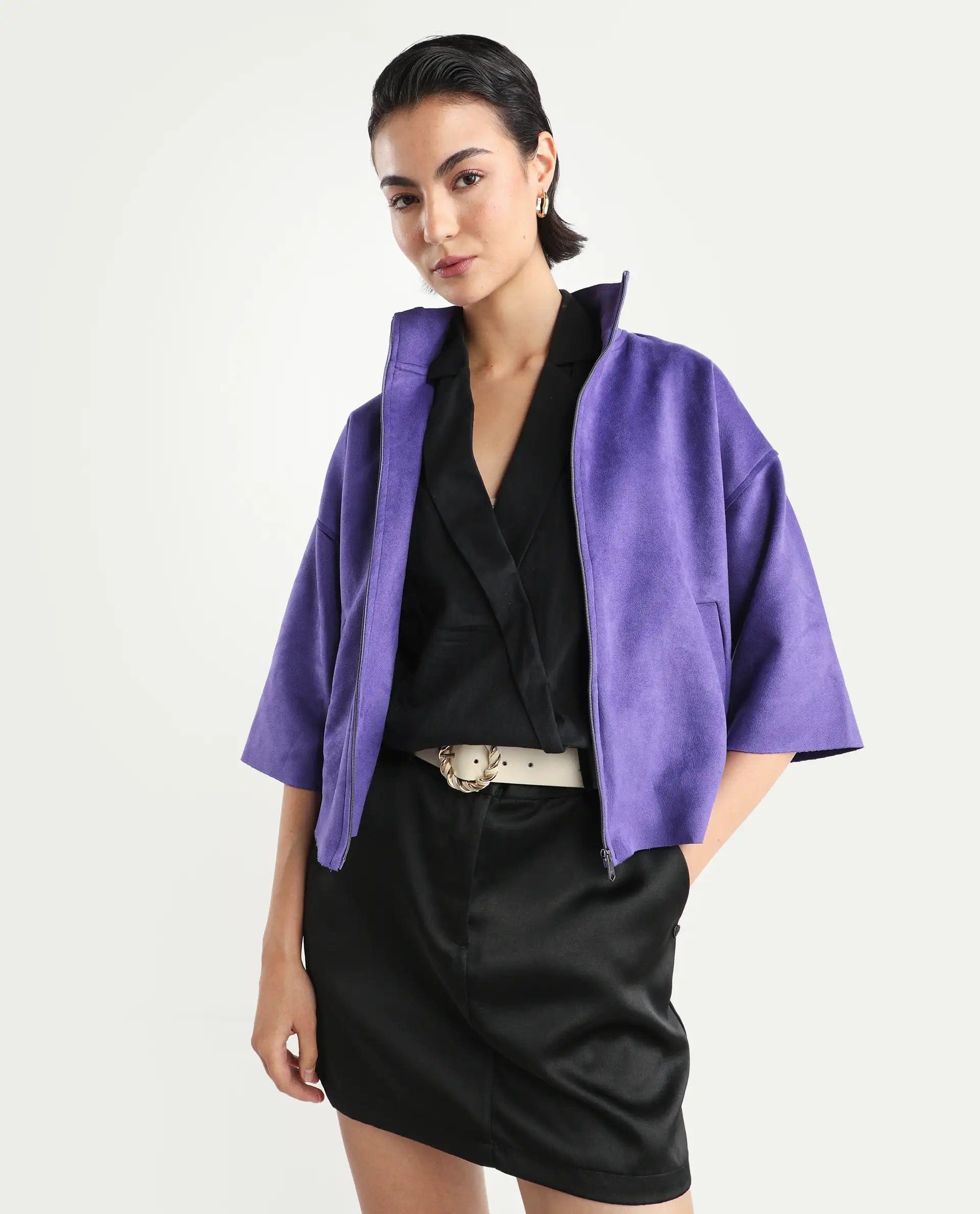 Rareism Women's Vasu 1 Purple Polyester Blend Mandarin Collar Plain Regular Fit Jacket