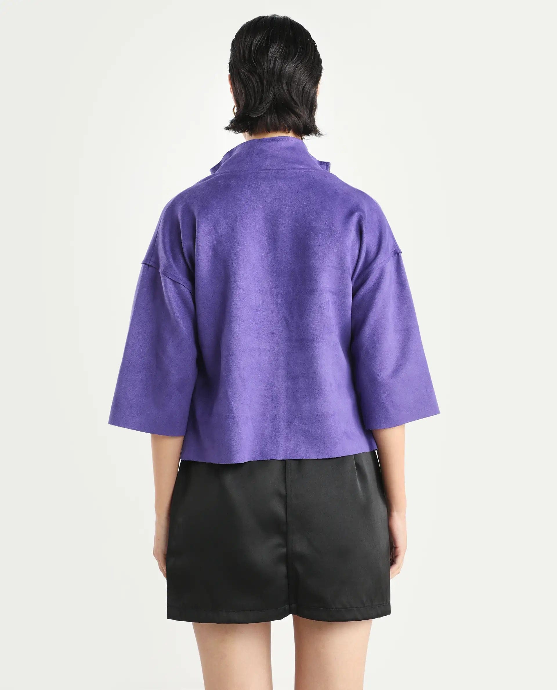 Rareism Women's Vasu 1 Purple Polyester Blend Mandarin Collar Plain Regular Fit Jacket