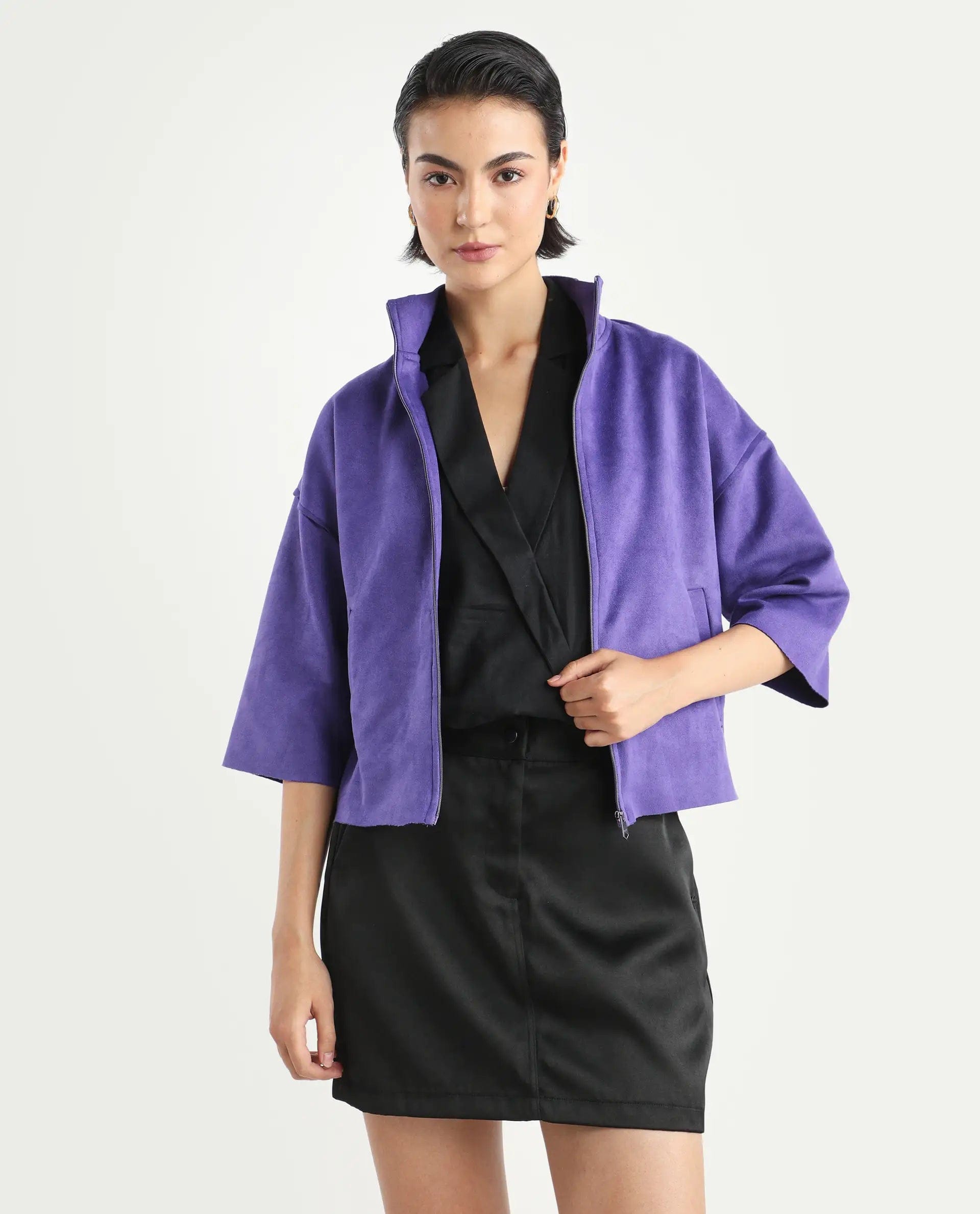 Rareism Women's Vasu 1 Purple Polyester Blend Mandarin Collar Plain Regular Fit Jacket