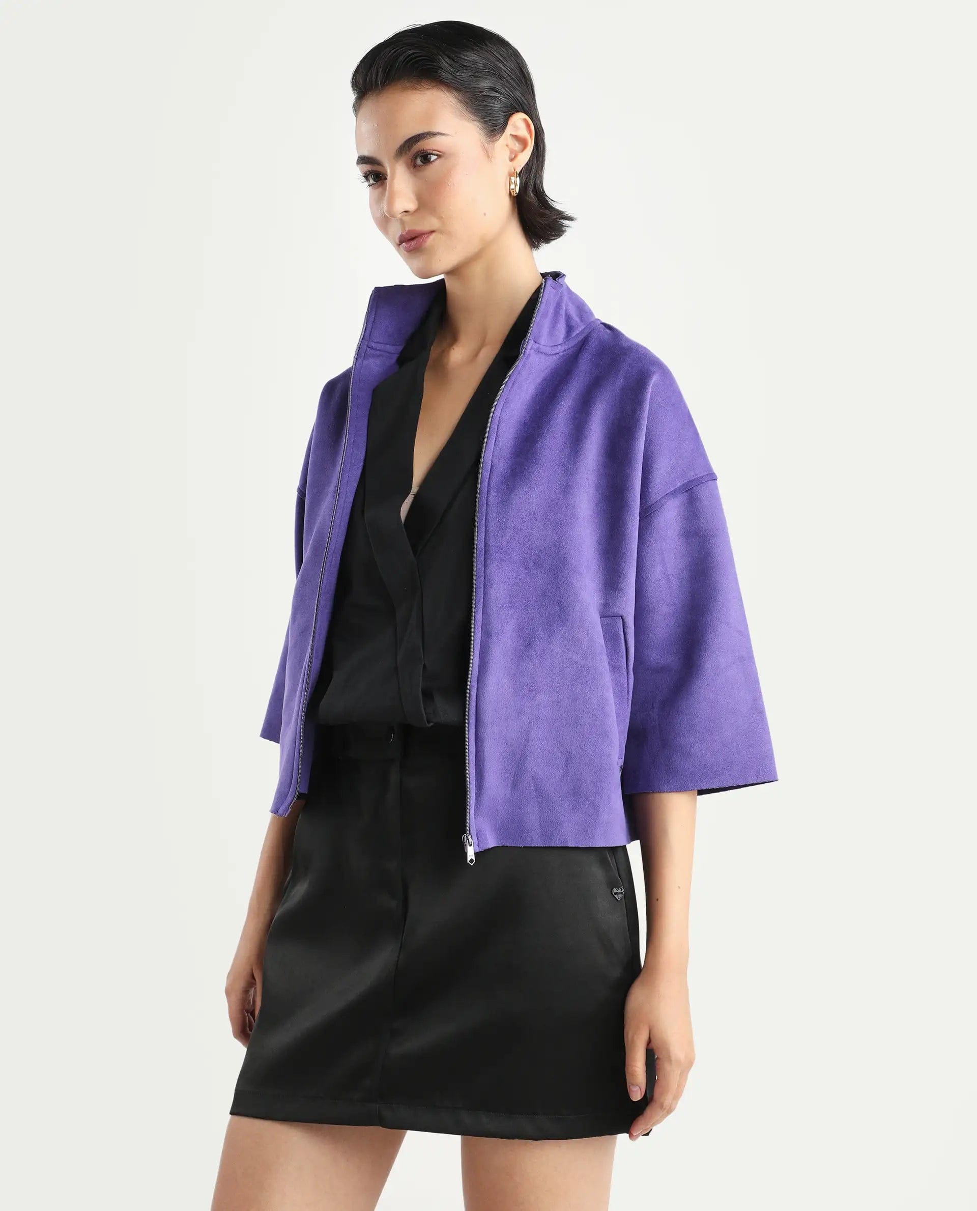 Rareism Women's Vasu 1 Purple Polyester Blend Mandarin Collar Plain Regular Fit Jacket